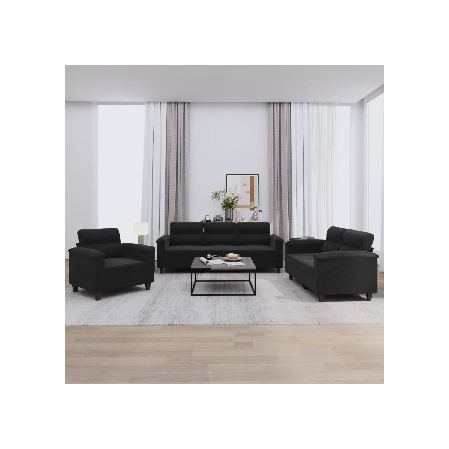 Ensemble de canapés 3 pcs avec coussins noir tissu microfibre