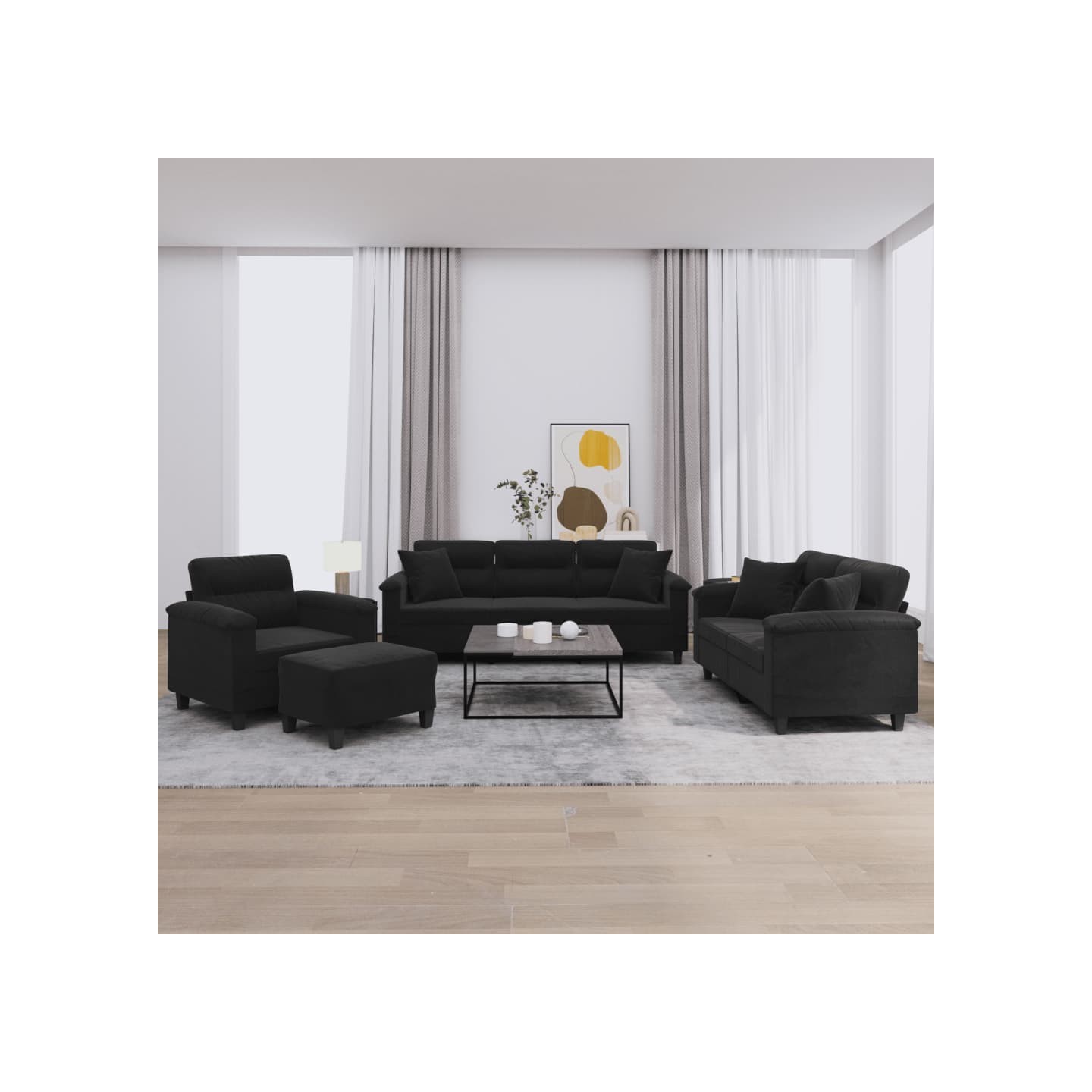 Ensemble de canapés 4 pcs avec coussins Noir Tissu microfibre
