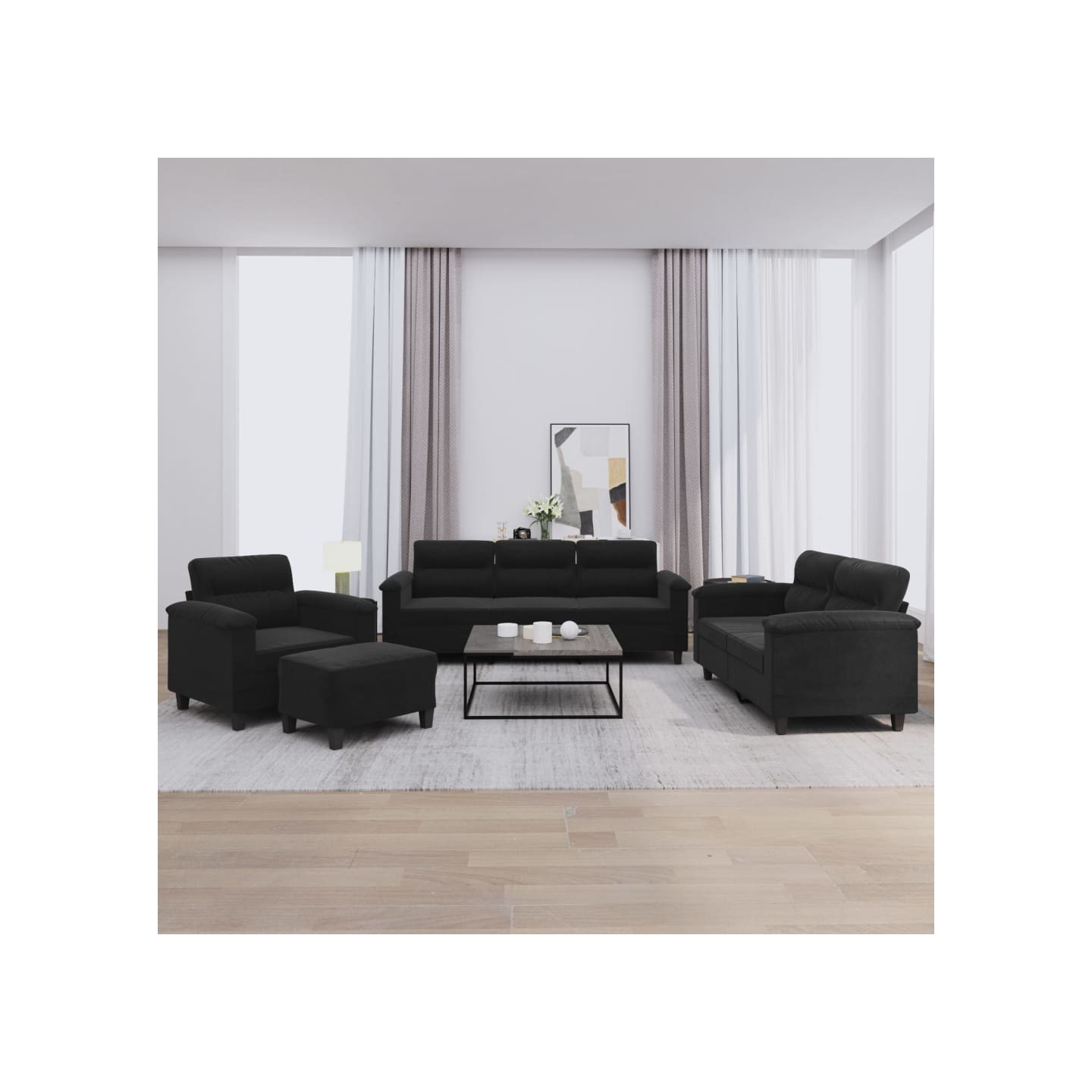 Ensemble de canapés 4 pcs avec coussins noir tissu microfibre