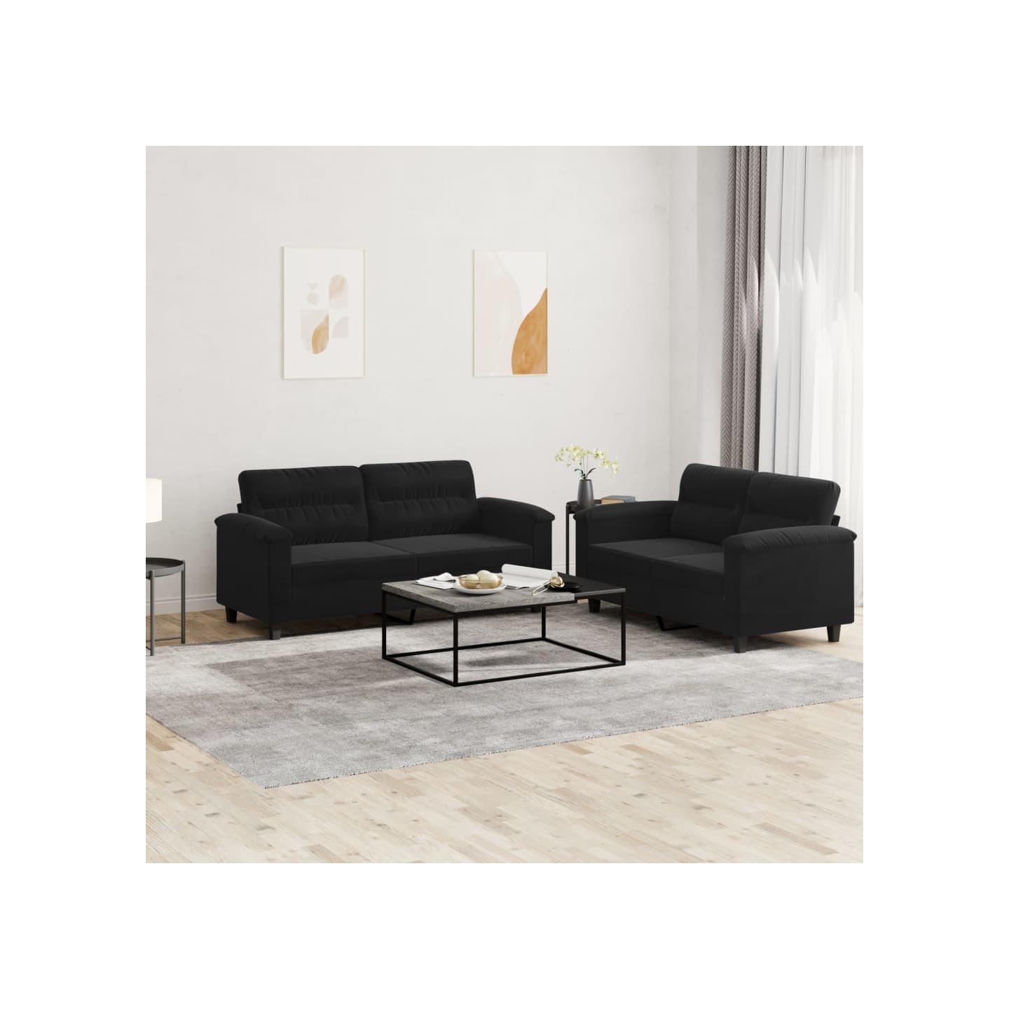 Ensemble de canapés 2 pcs avec coussins noir tissu microfibre
