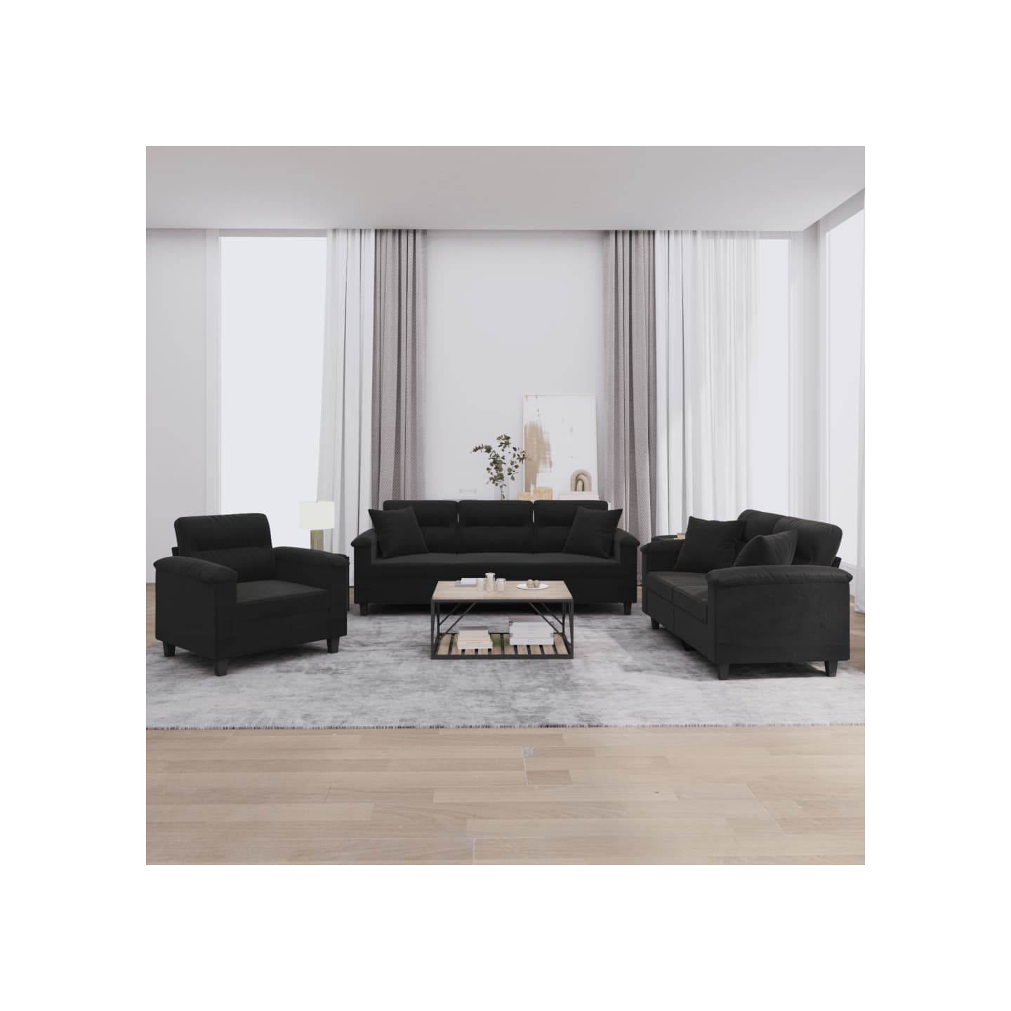 Ensemble de canapés 3 pcs avec coussins Noir Tissu microfibre