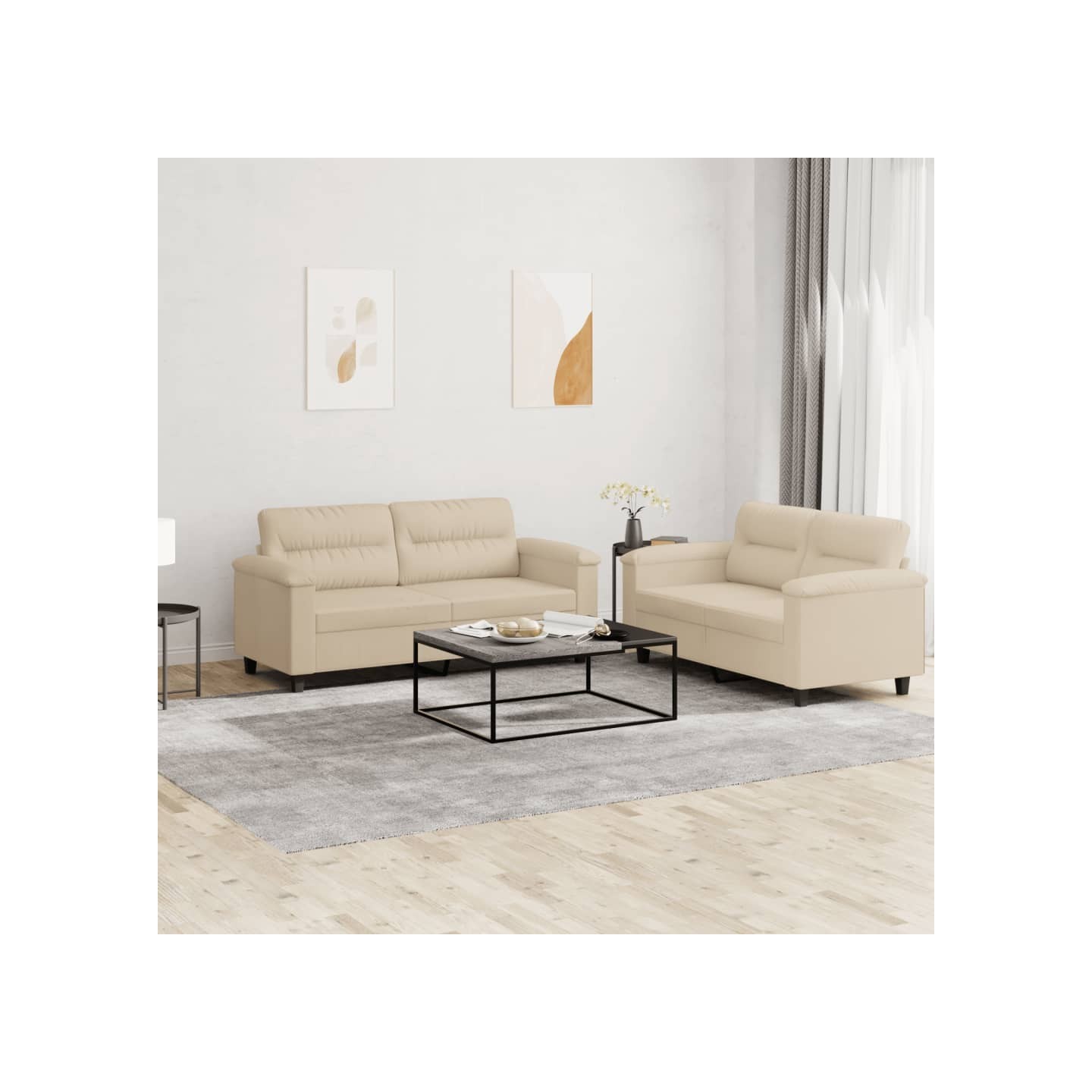 Ensemble de canapés 2 pcs avec coussins crème tissu microfibre