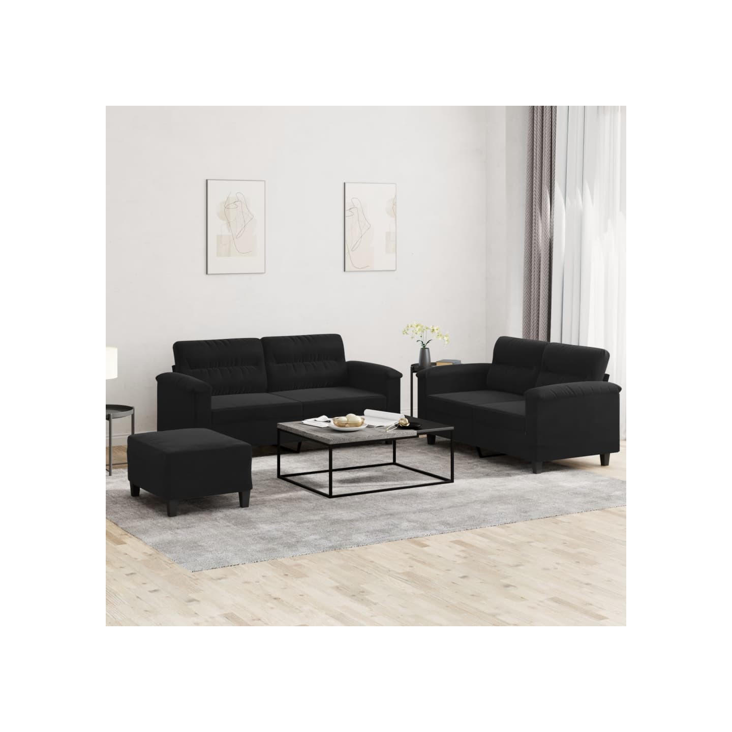 Ensemble de canapés 3 pcs avec coussins noir tissu microfibre