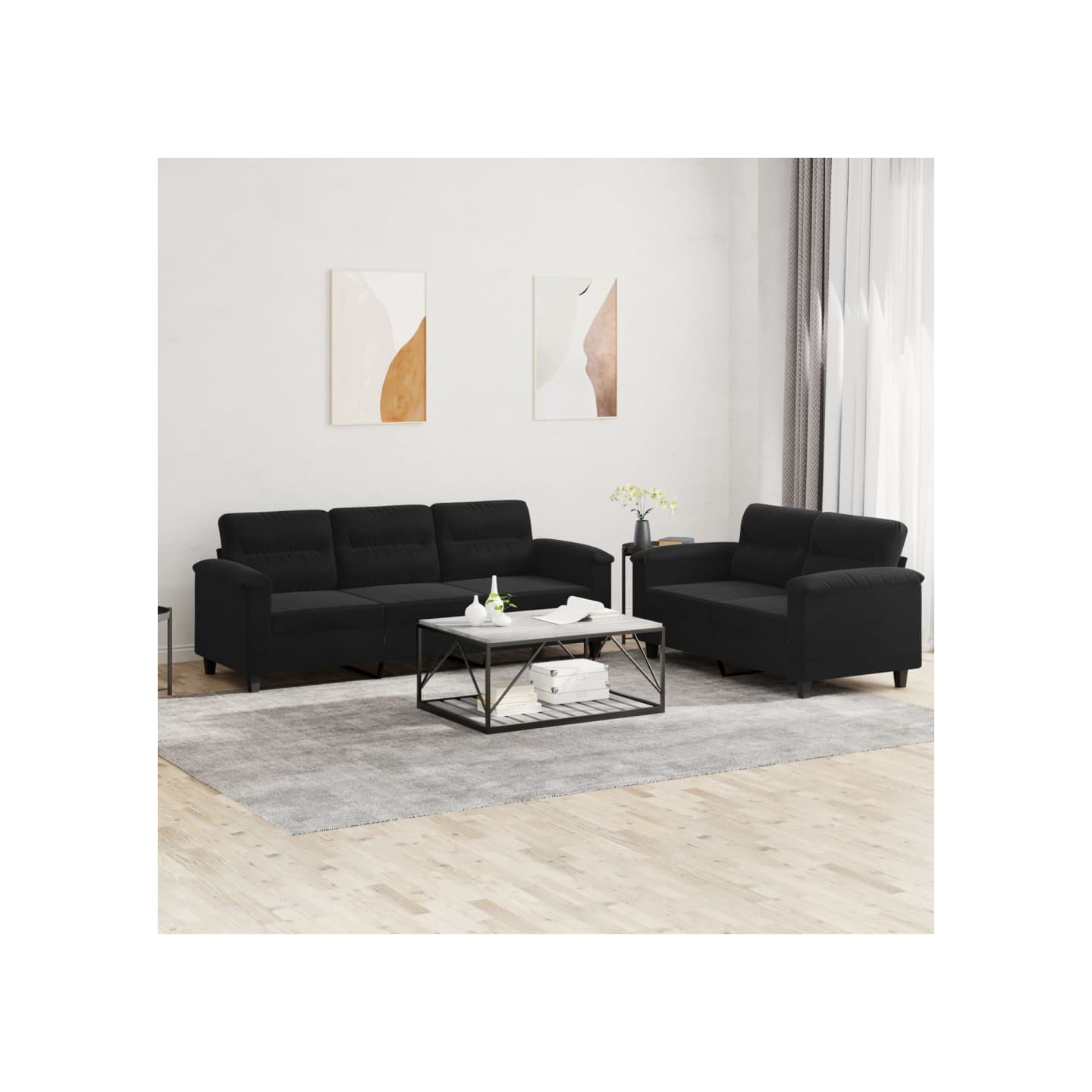 Ensemble de canapés 2 pcs avec coussins noir tissu microfibre