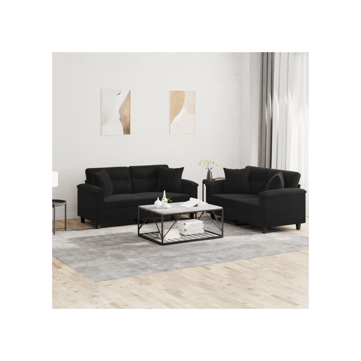 Ensemble de canapés 2 pcs avec coussins Noir Tissu microfibre