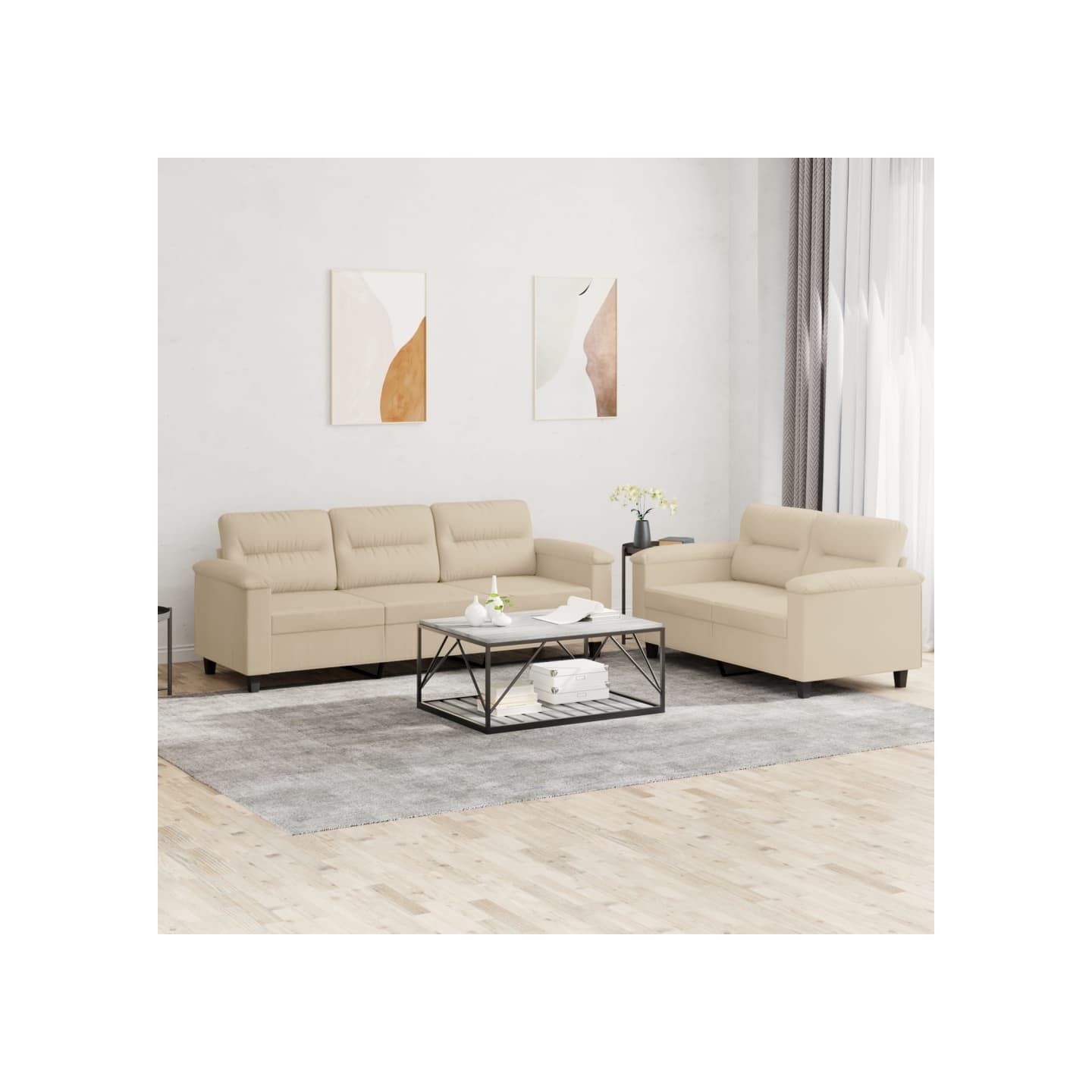 Ensemble de canapés 2 pcs avec coussins crème tissu microfibre