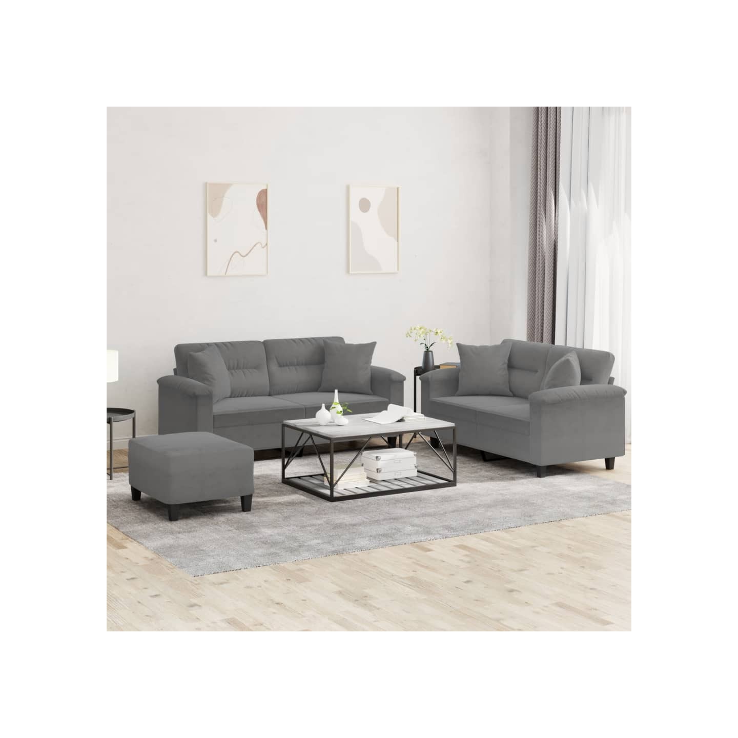 Ensemble de canapés 3 pcs coussins Gris foncé Tissu microfibre