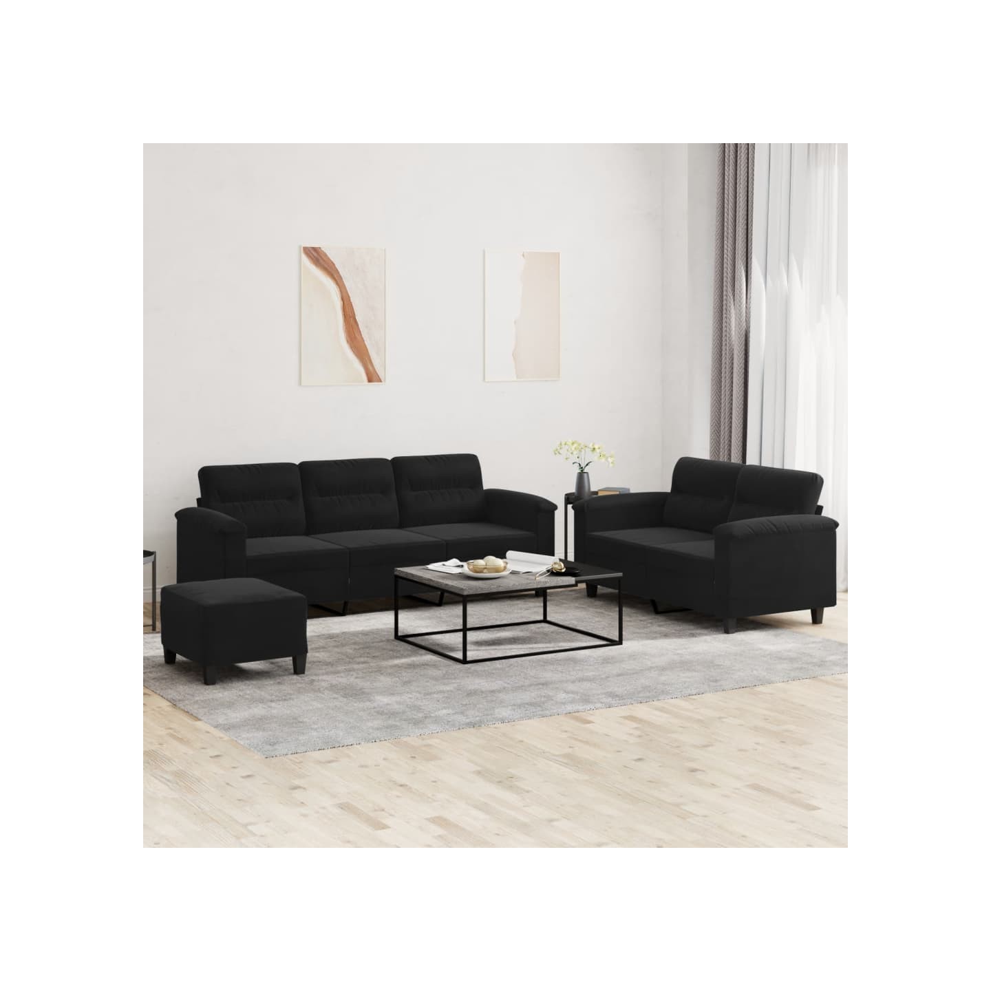 Ensemble de canapés 3 pcs avec coussins noir tissu microfibre