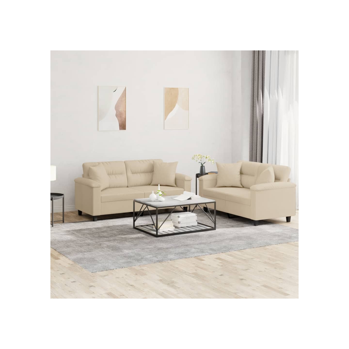Ensemble de canapés 2 pcs avec coussins Crème Tissu microfibre