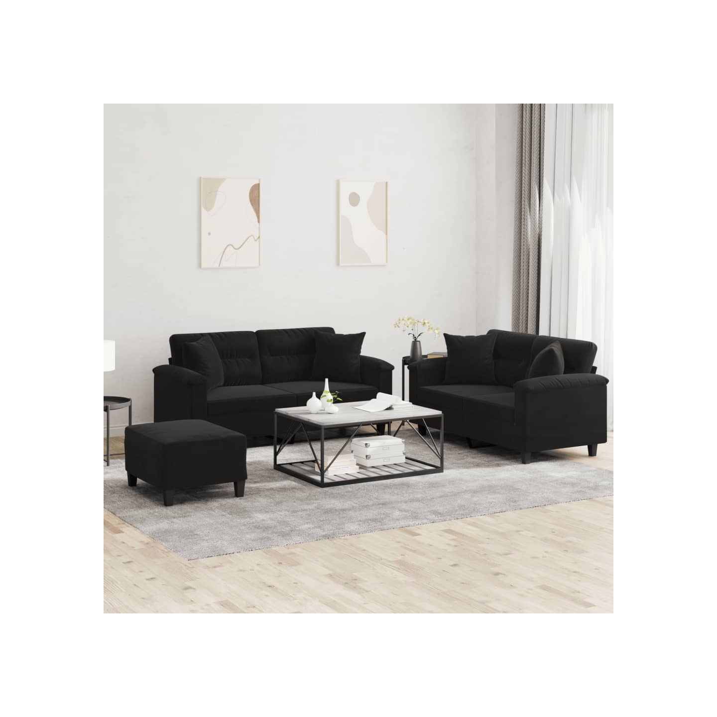 Ensemble de canapés 3 pcs avec coussins Noir Tissu microfibre