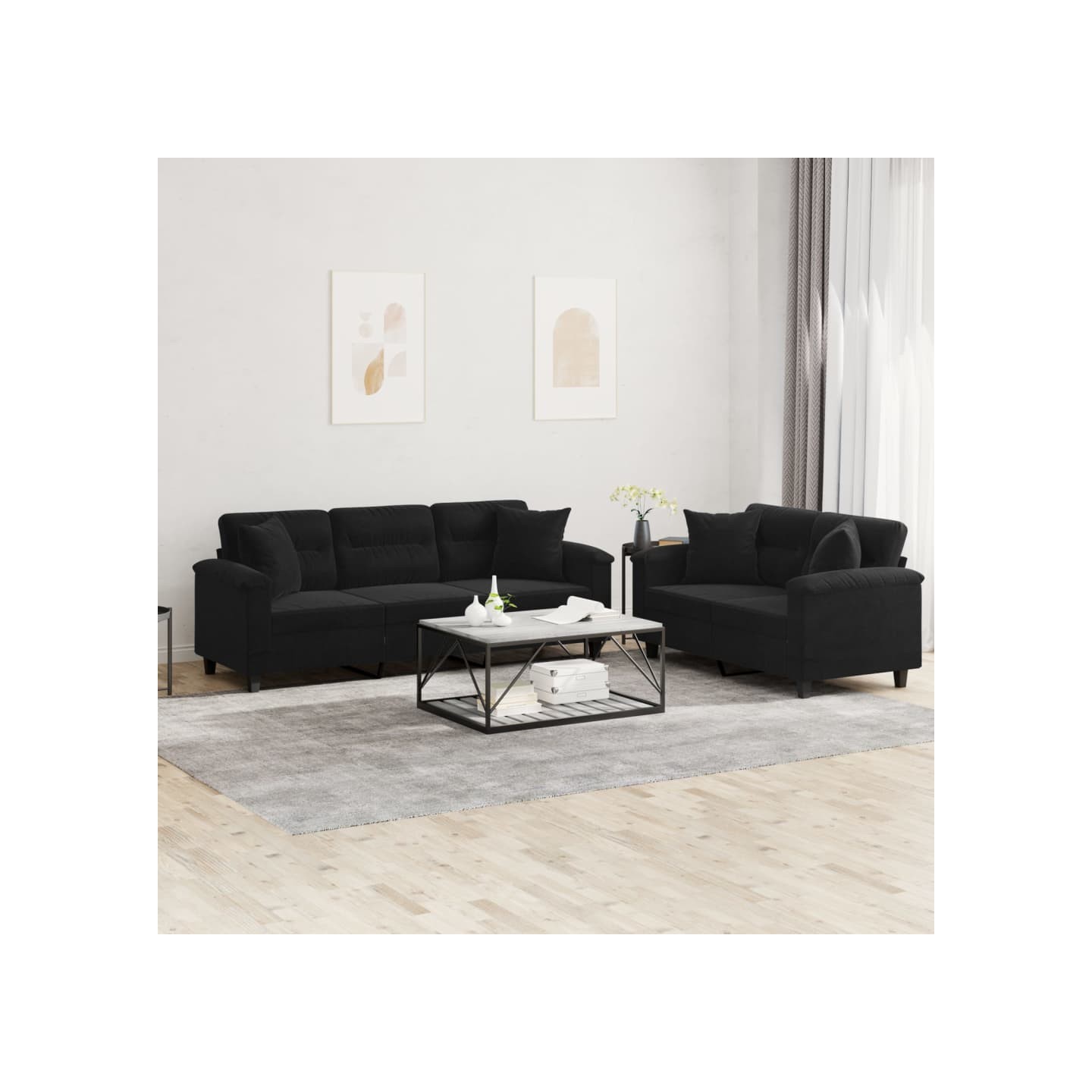 Ensemble de canapés 2 pcs avec coussins Noir Tissu microfibre