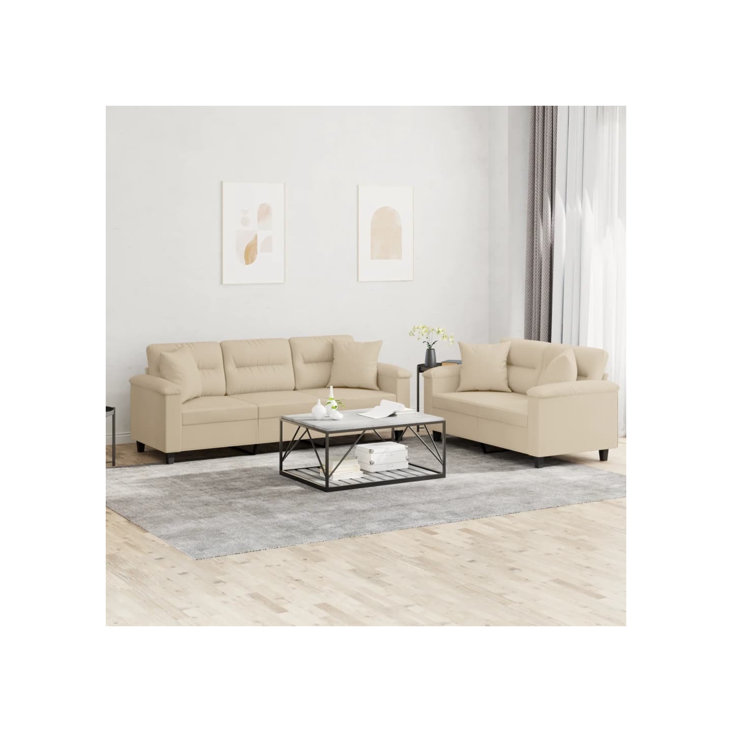 Ensemble de canapés 2 pcs avec coussins Crème Tissu microfibre