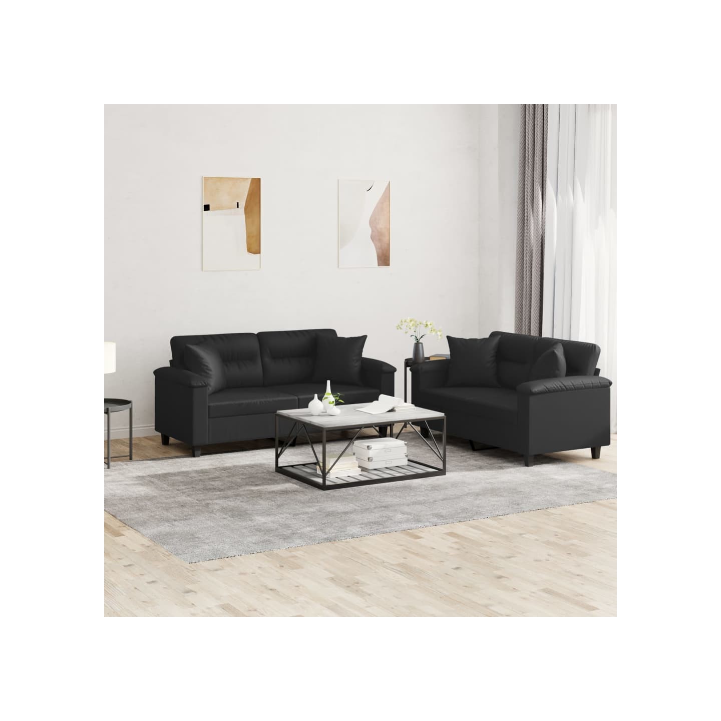 Ensemble de canapés 2 pcs avec coussins noir similicuir