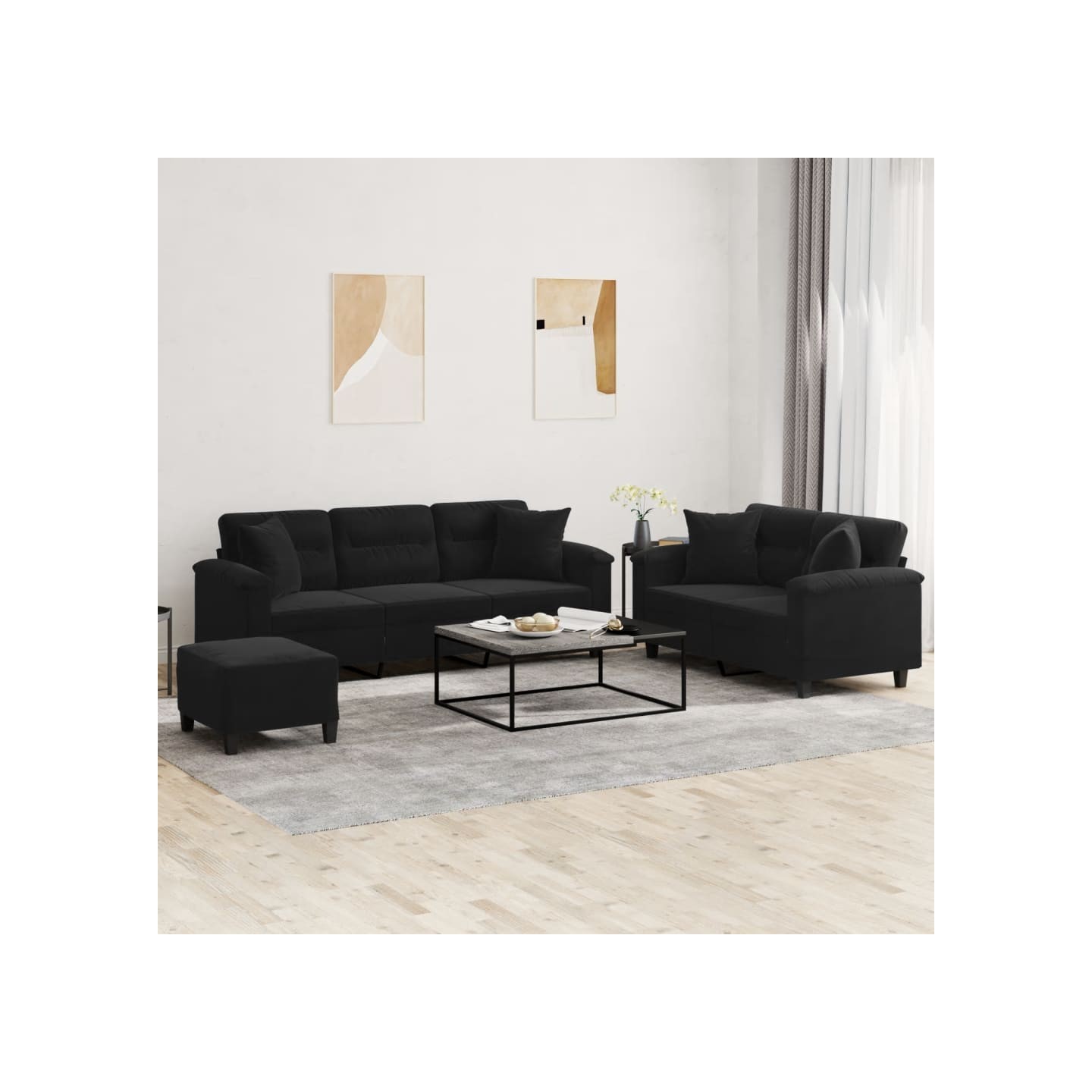Ensemble de canapés 3 pcs avec coussins Noir Tissu microfibre