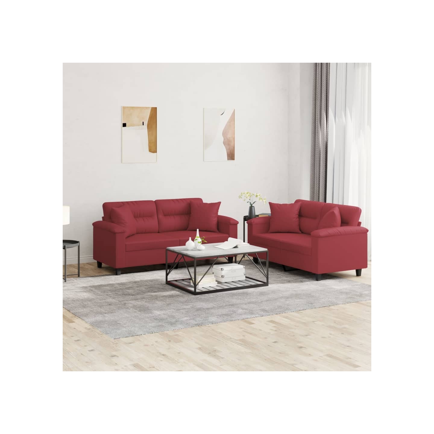 Ensemble de canapés 2 pcs et coussins rouge bordeaux similicuir