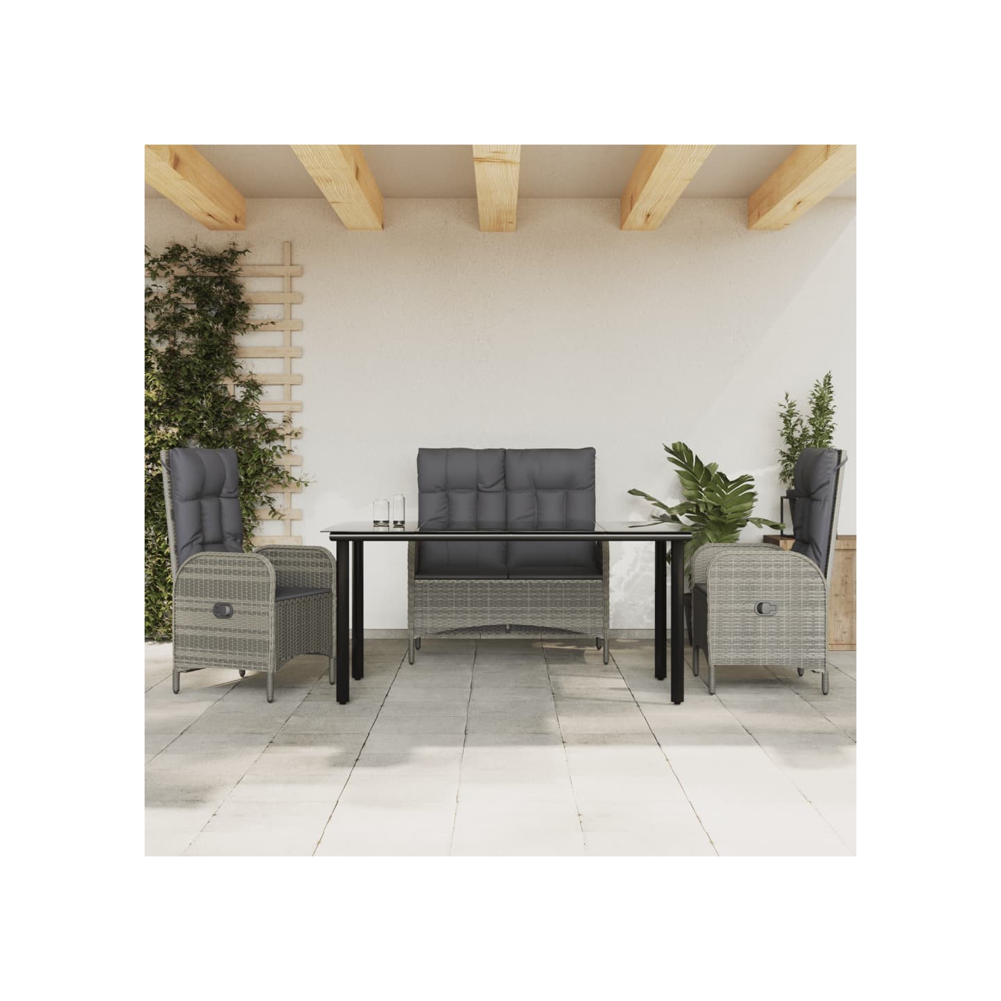Ensemble à manger jardin 4pcs et coussins Gris Résine tressée