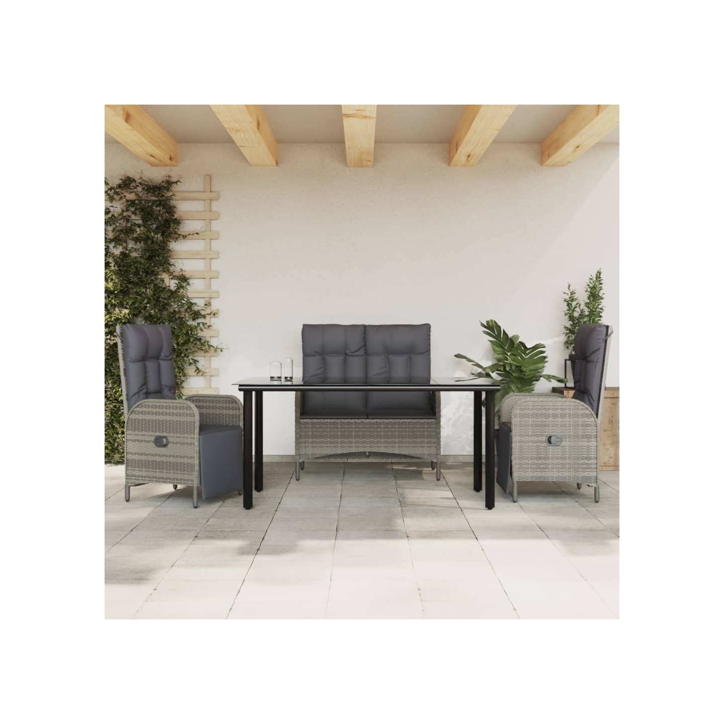 Ensemble à manger jardin 4pcs et coussins Gris Résine tressée