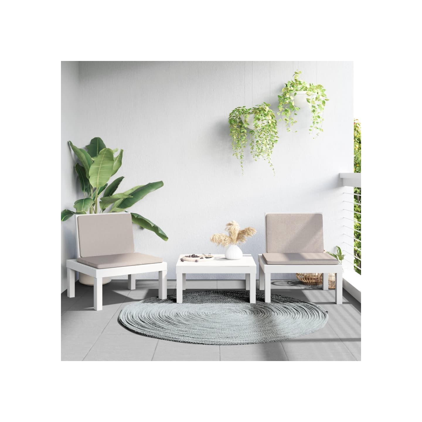 Salon de jardin avec coussins 3 pcs blanc PP