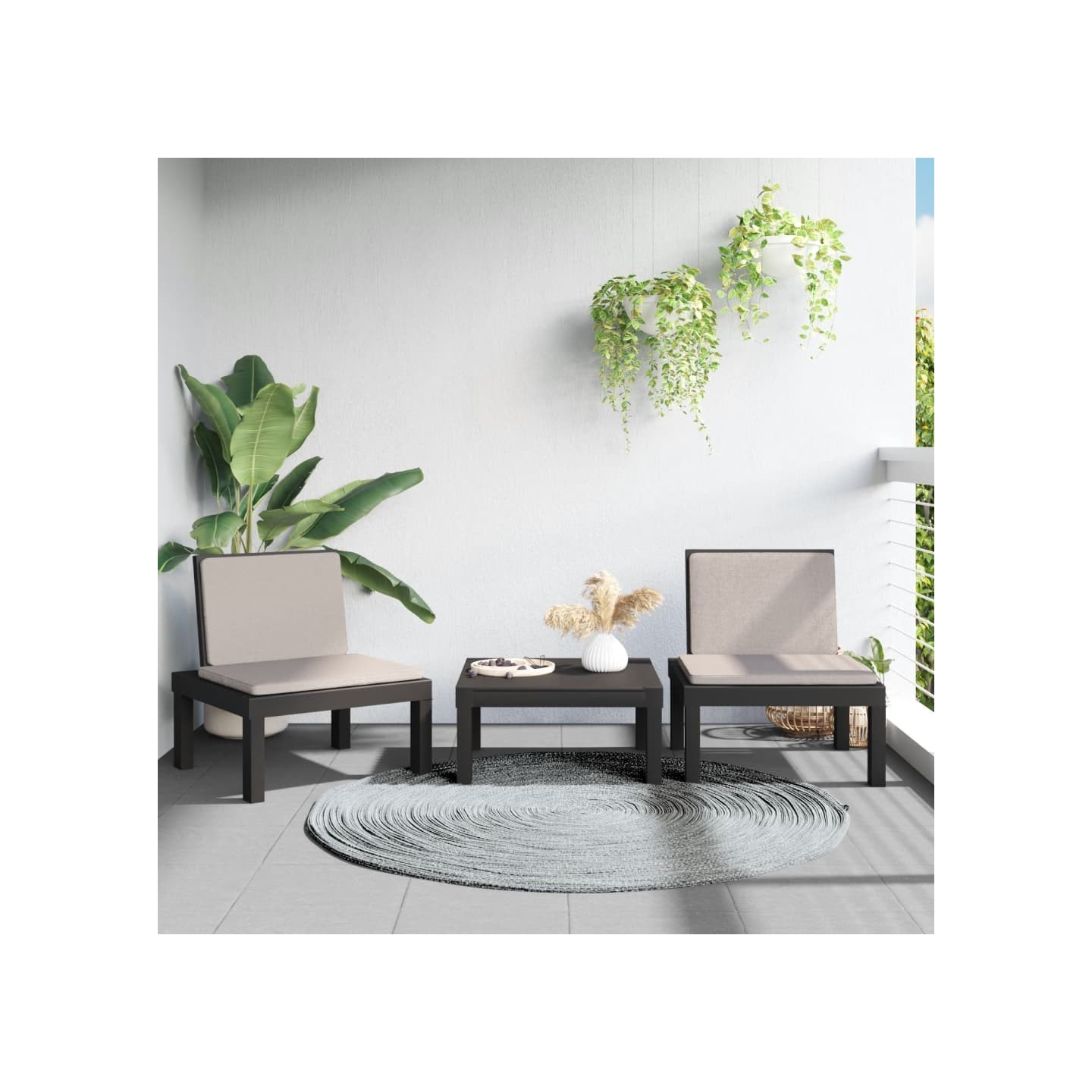 Salon de jardin 3 pcs avec coussins anthracite PP
