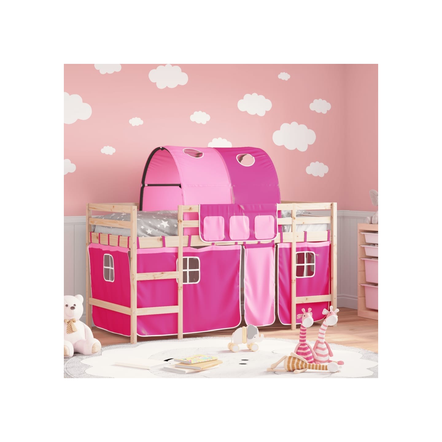 Lit mezzanine enfants avec tunnel sans matelas rose 80x200 cm