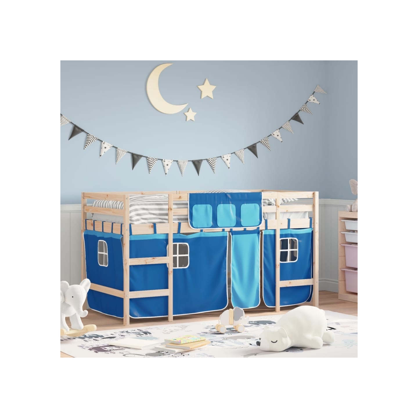 Lit mezzanine enfants avec rideaux sans matelas bleu 80x200cm