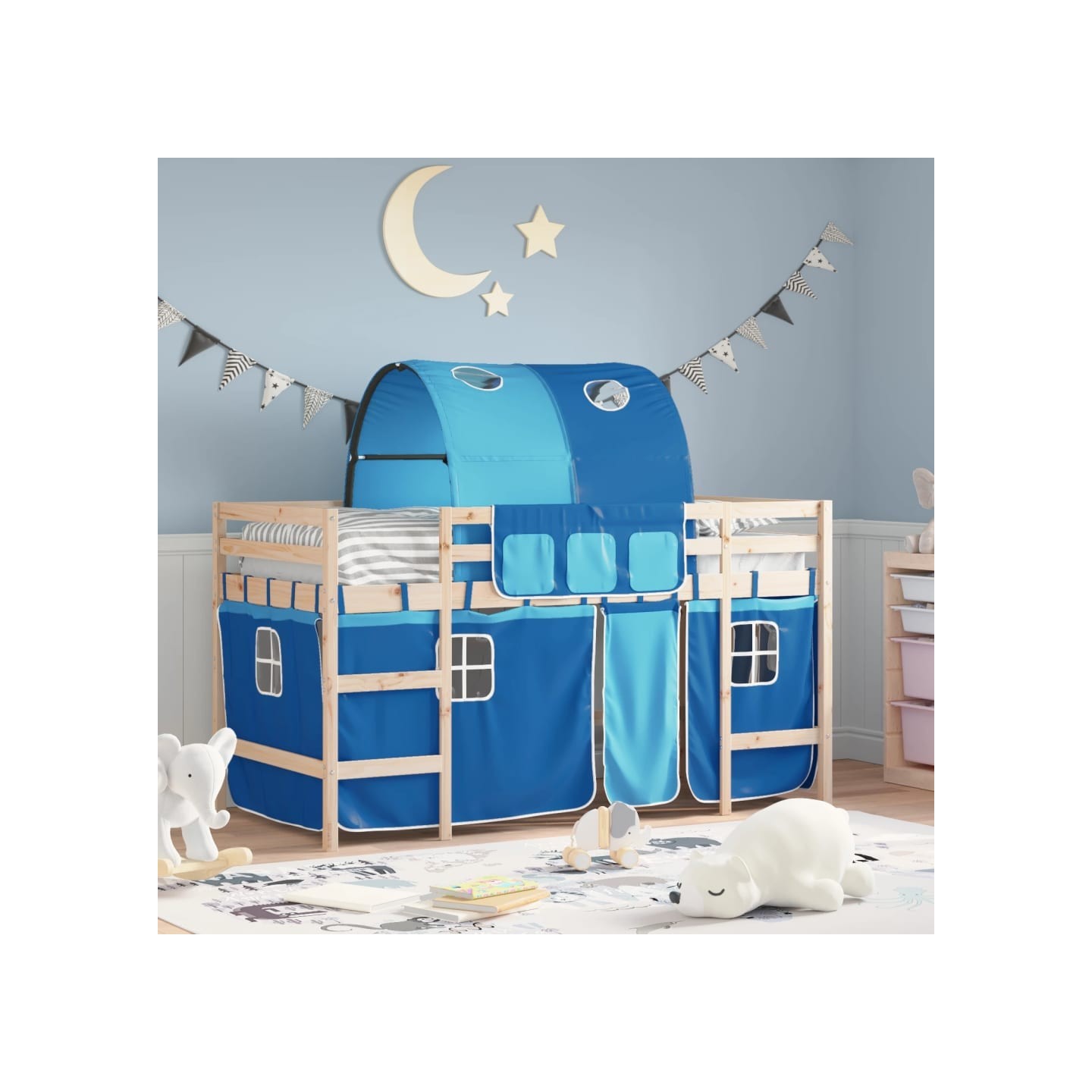 Lit mezzanine enfants avec tunnel sans matelas bleu 80x200 cm