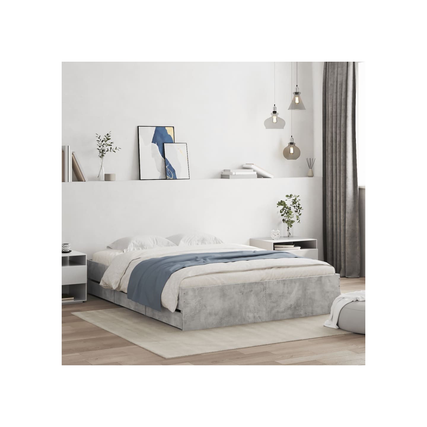 Cadre de lit avec tiroirs sans matelas gris béton 150x200 cm