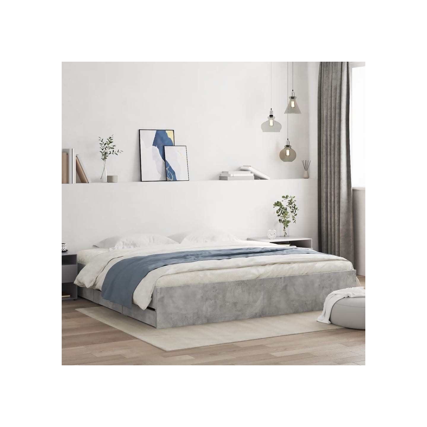 Cadre de lit avec tiroirs sans matelas gris béton 200x200 cm