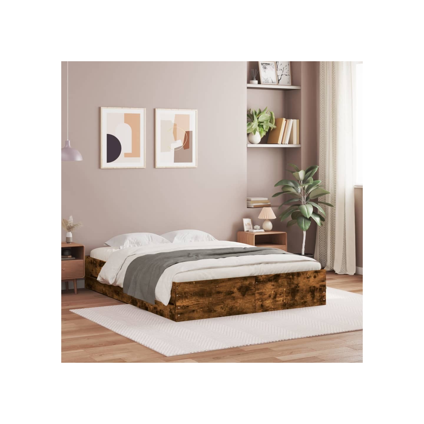 Cadre de lit avec tiroirs sans matelas chêne fumé 150x200 cm