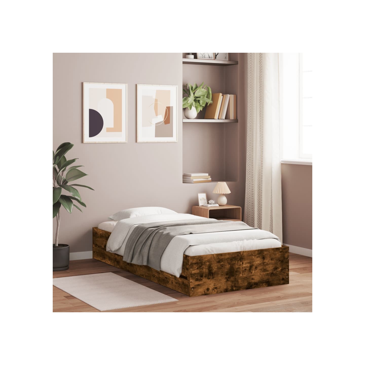 Cadre de lit avec tiroirs sans matelas chêne fumé 100x200 cm