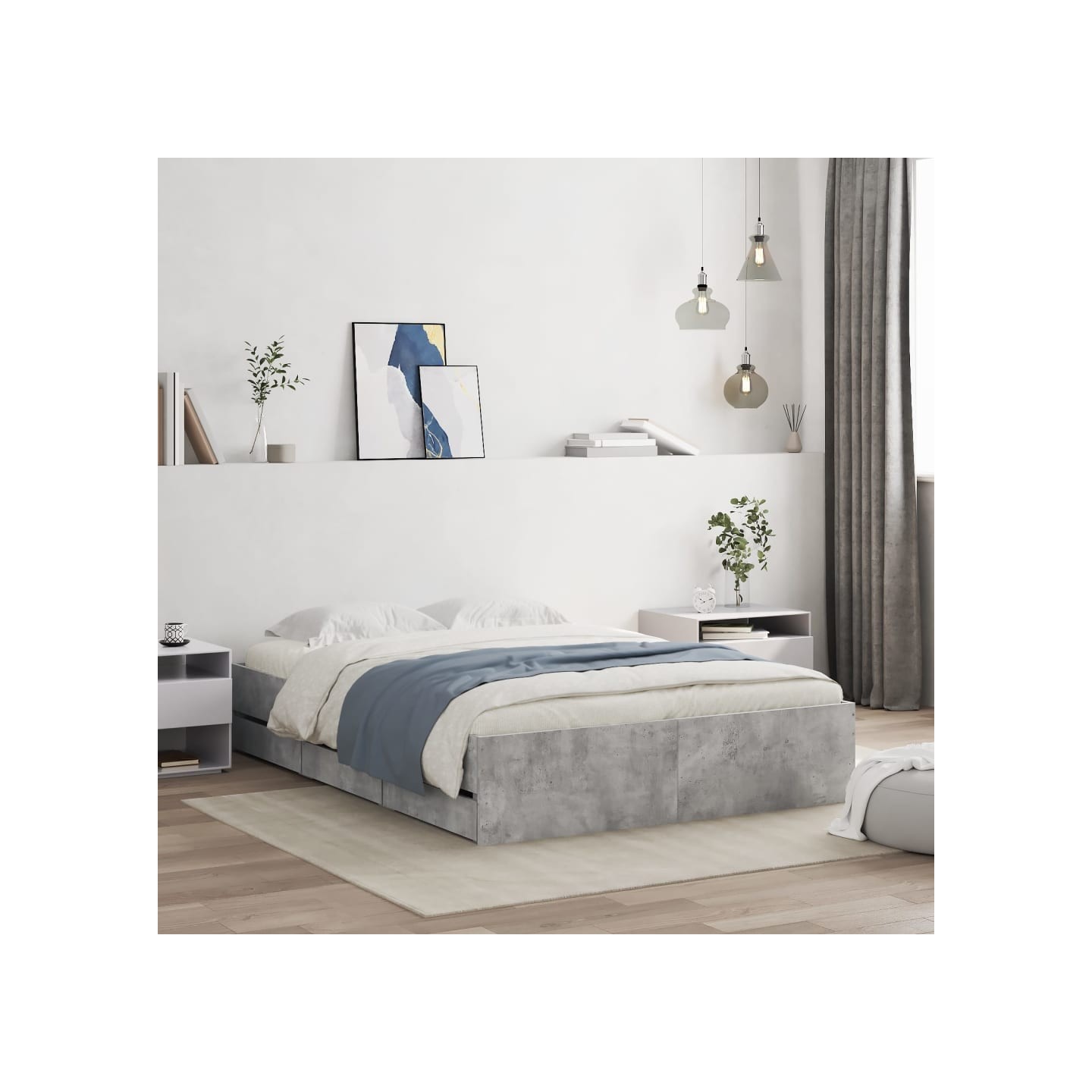 Cadre de lit avec tiroirs sans matelas gris béton 135x190 cm