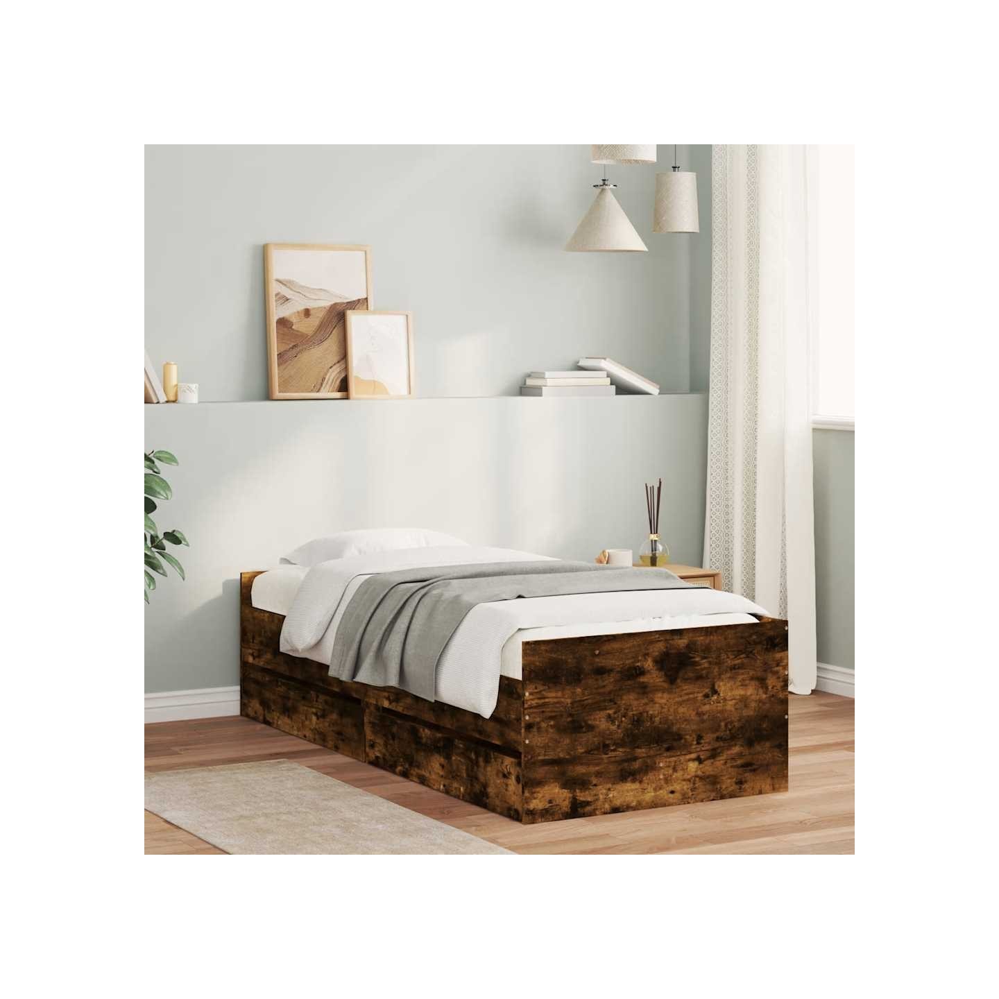 Cadre de lit avec tiroirs sans matelas chêne fumé 90x190 cm