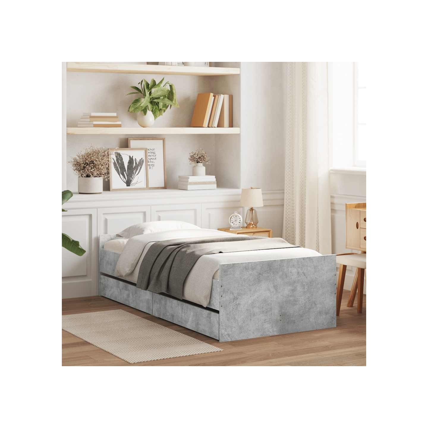 Cadre de lit avec tiroirs sans matelas gris béton 90x200 cm
