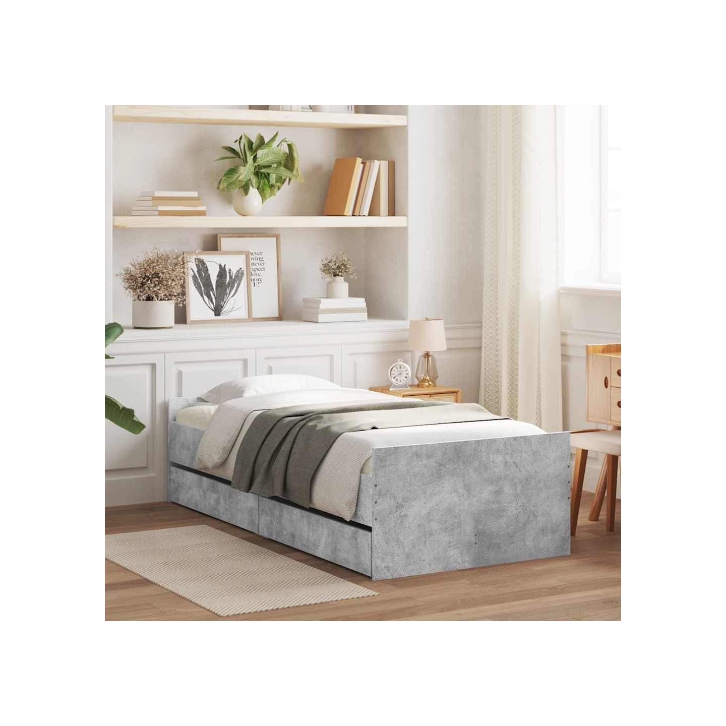 Cadre de lit avec tiroirs sans matelas gris béton 90x190 cm
