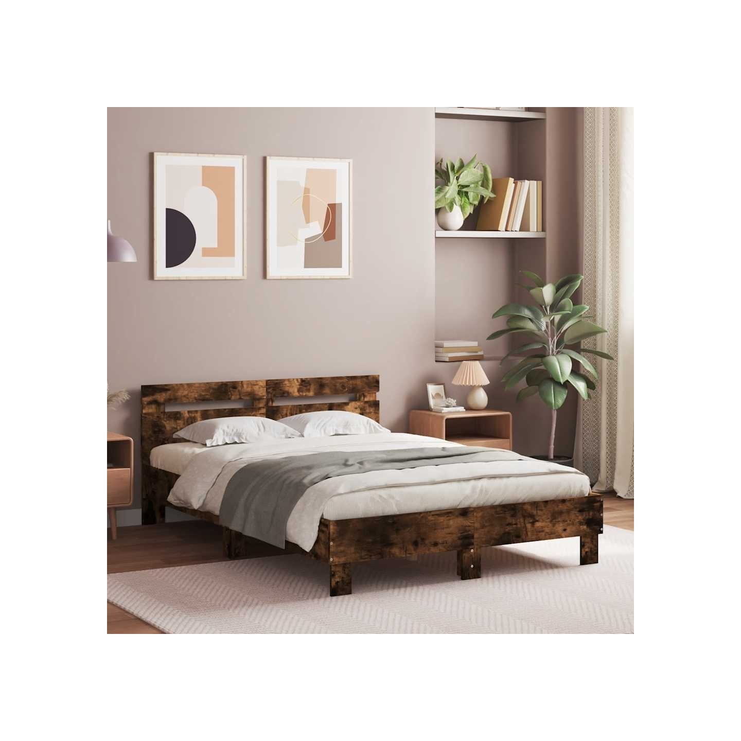 Cadre de lit avec LED sans matelas chêne fumé 135x190 cm