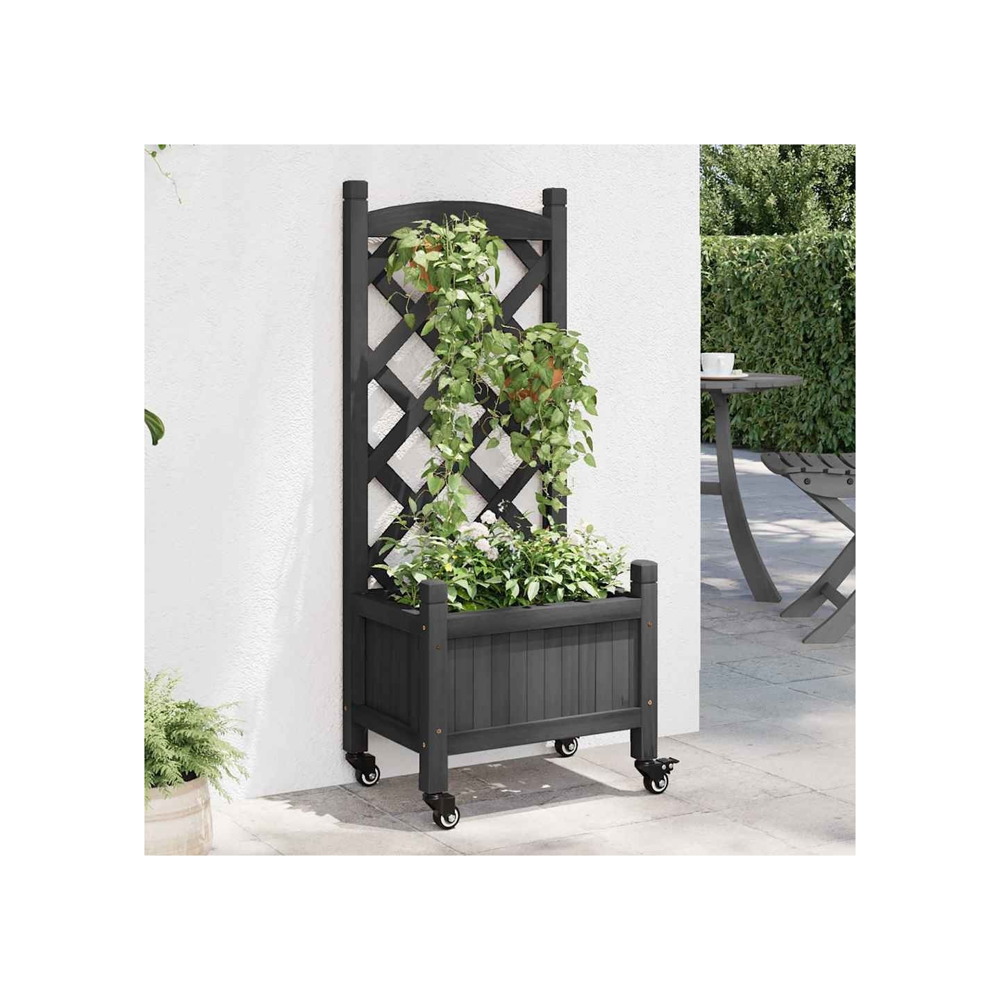 Jardinière avec treillis et roues gris bois massif de sapin