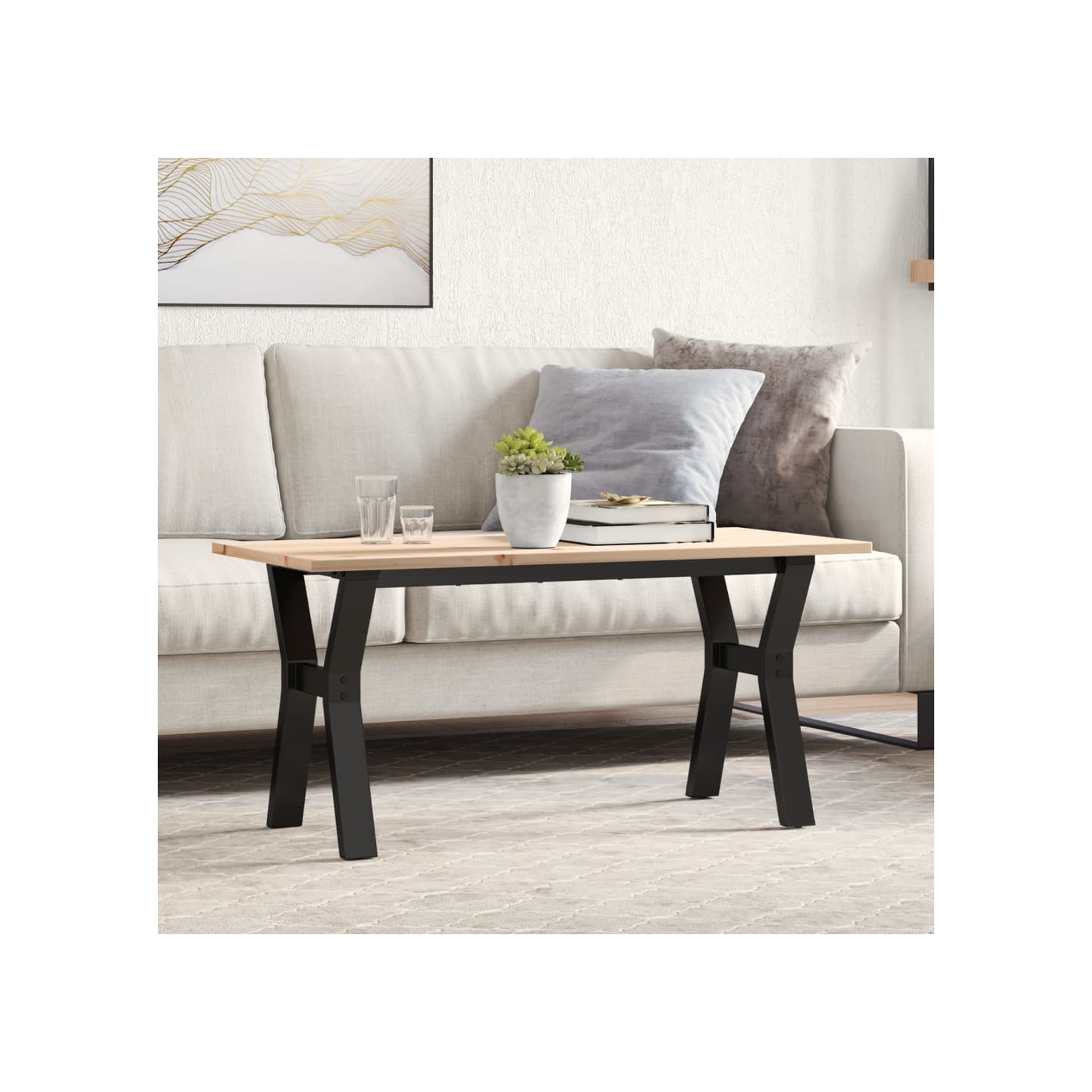 Table basse cadre en Y 100x50x45 cm bois de pin massif et acier