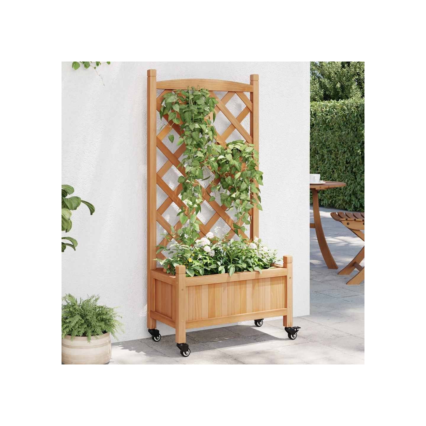 Jardinière avec treillis et roues marron bois massif de sapin