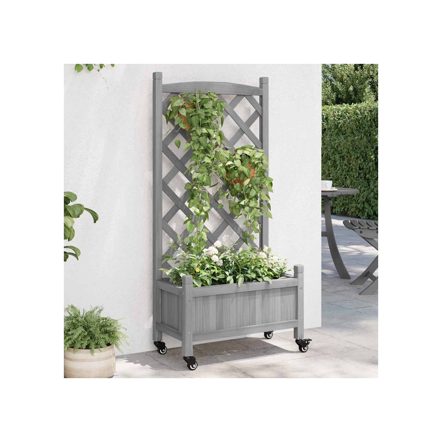 Jardinière avec treillis et roues gris bois massif de sapin