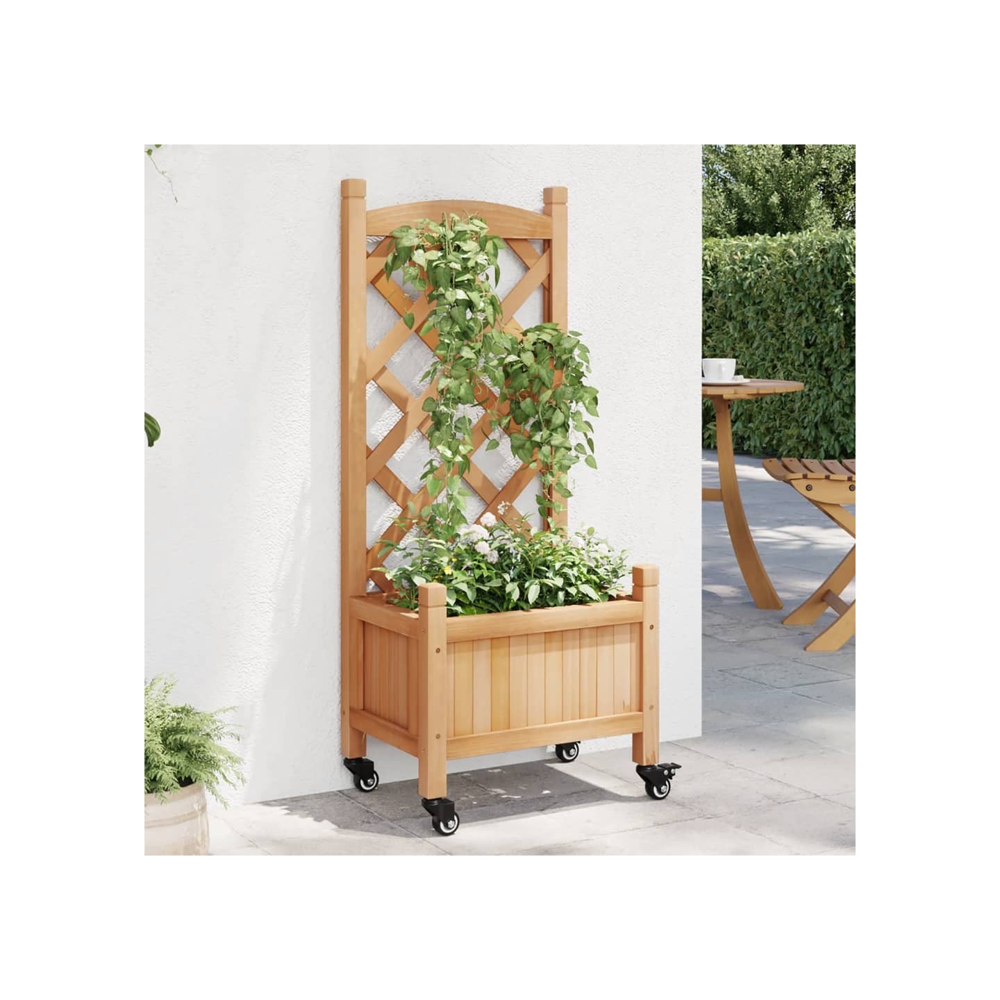 Jardinière avec treillis et roues marron bois massif de sapin