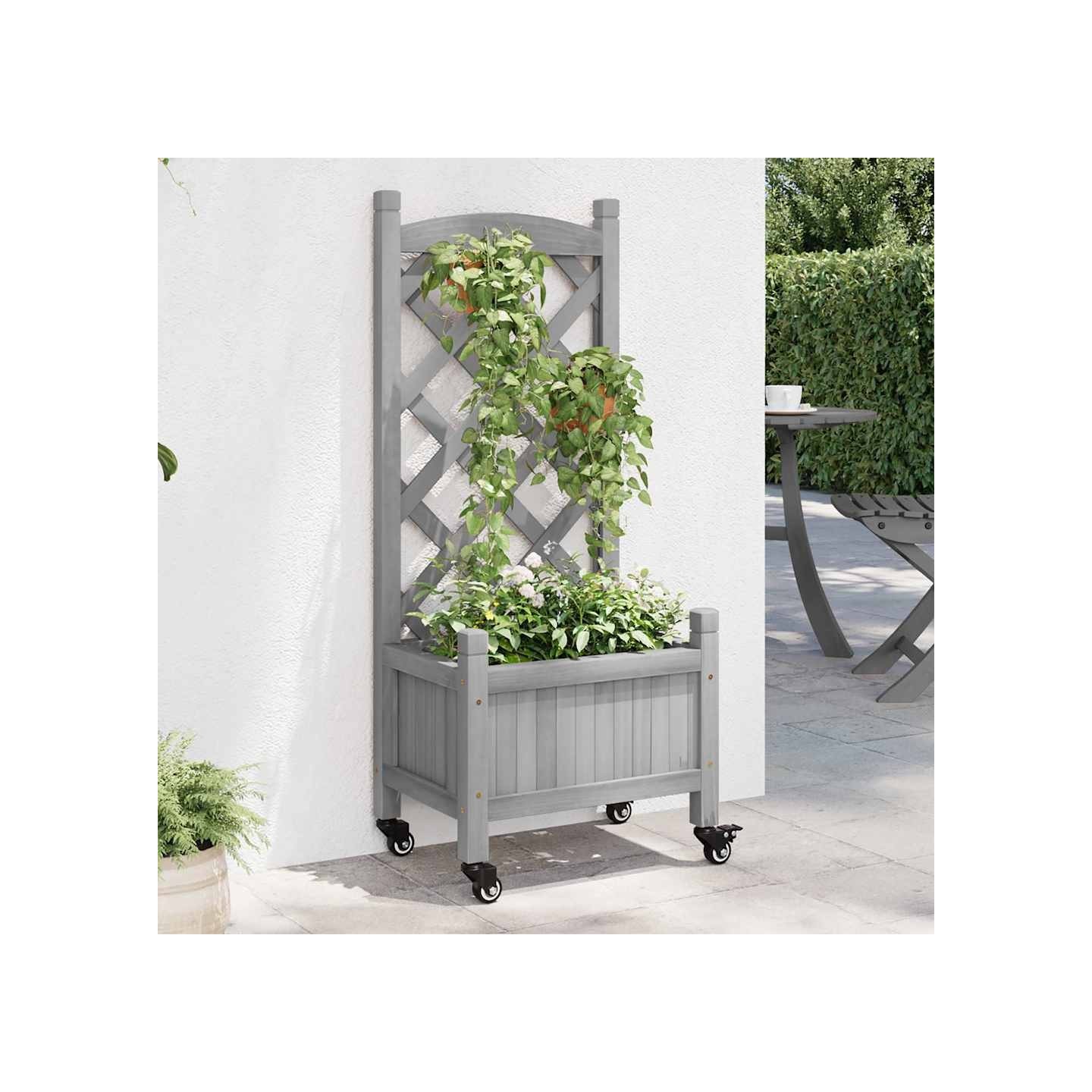 Jardinière avec treillis et roues gris bois massif de sapin