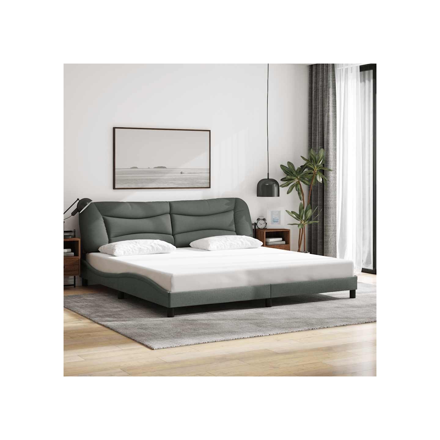 Cadre de lit sans matelas Hvar gris foncé 200x200 cm tissu