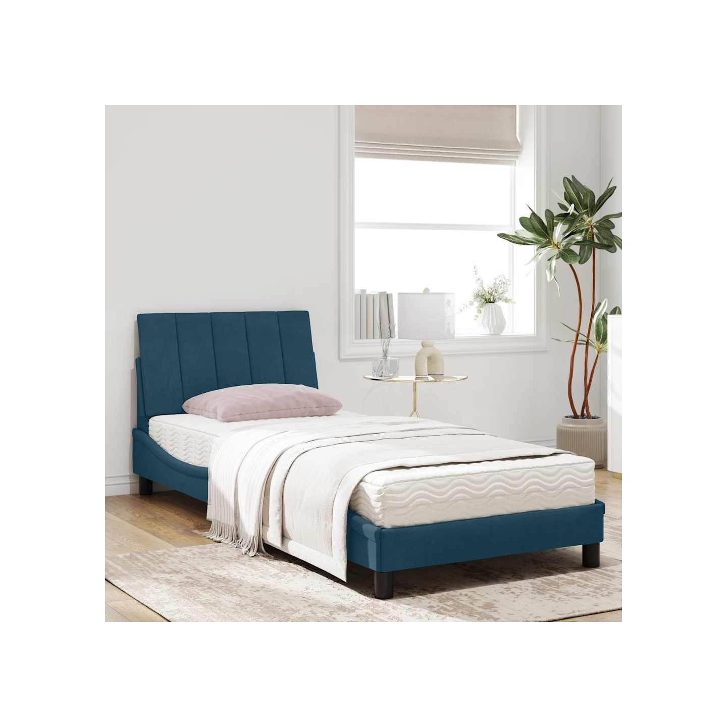 Lit avec matelas Hanko bleu 90x200 cm velours