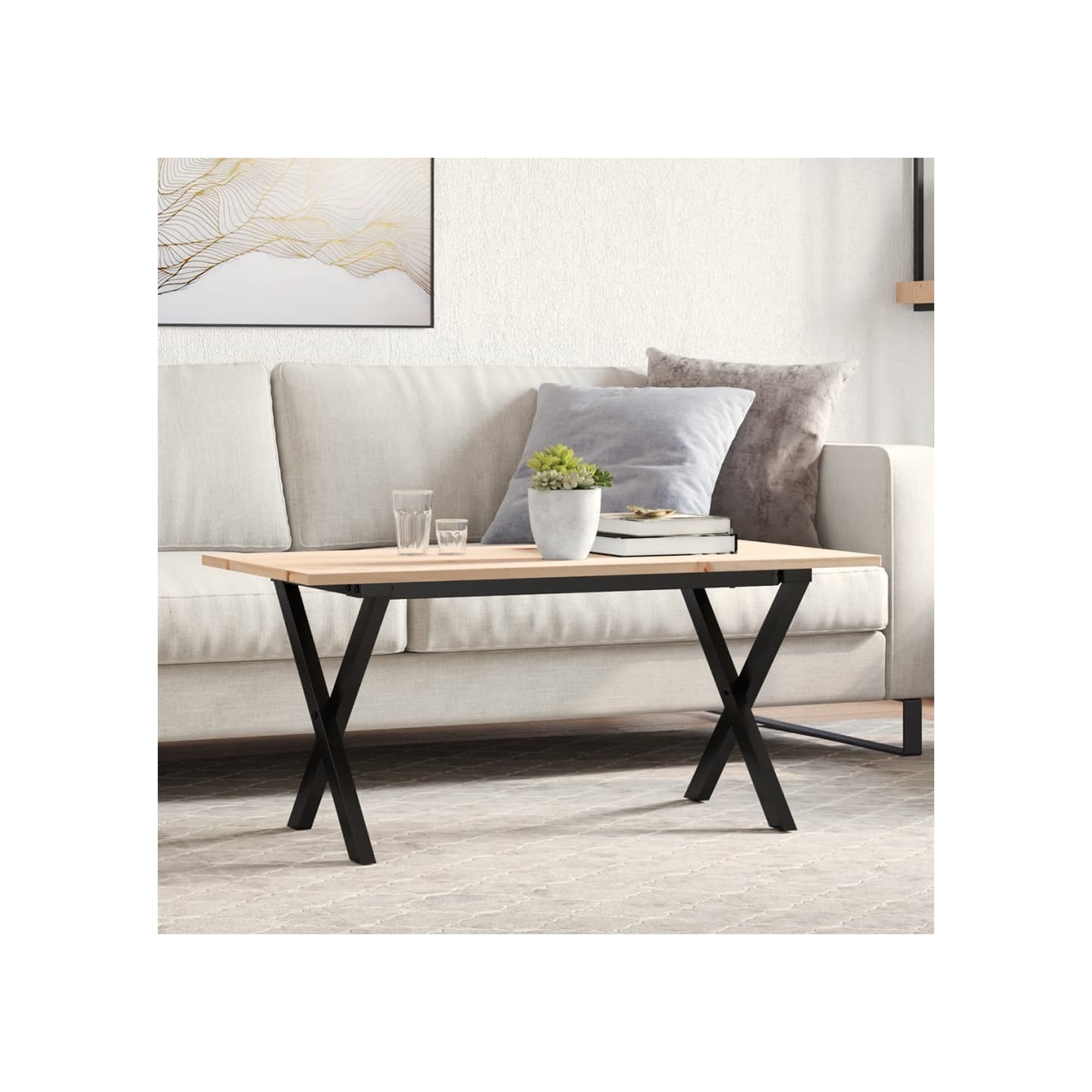 Table basse cadre en X 90x40x45 cm bois de pin massif et acier