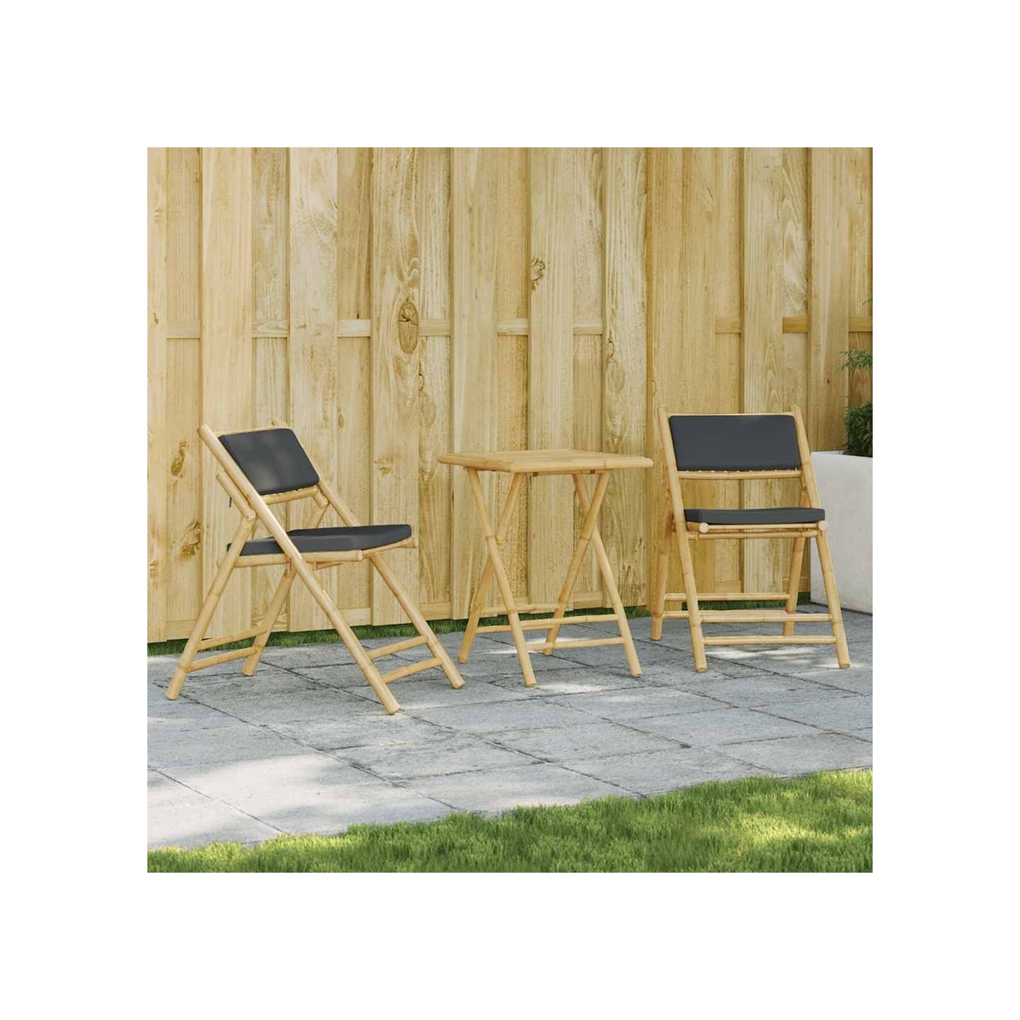 Ensemble de bistro pliante 3 pcs et coussins gris foncé bambou