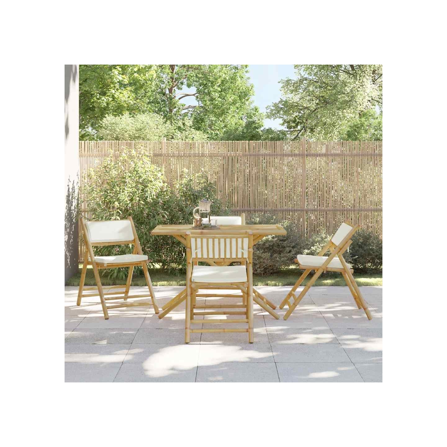 Ensemble de bistro pliante 5 pcs et coussins blanc crème bambou