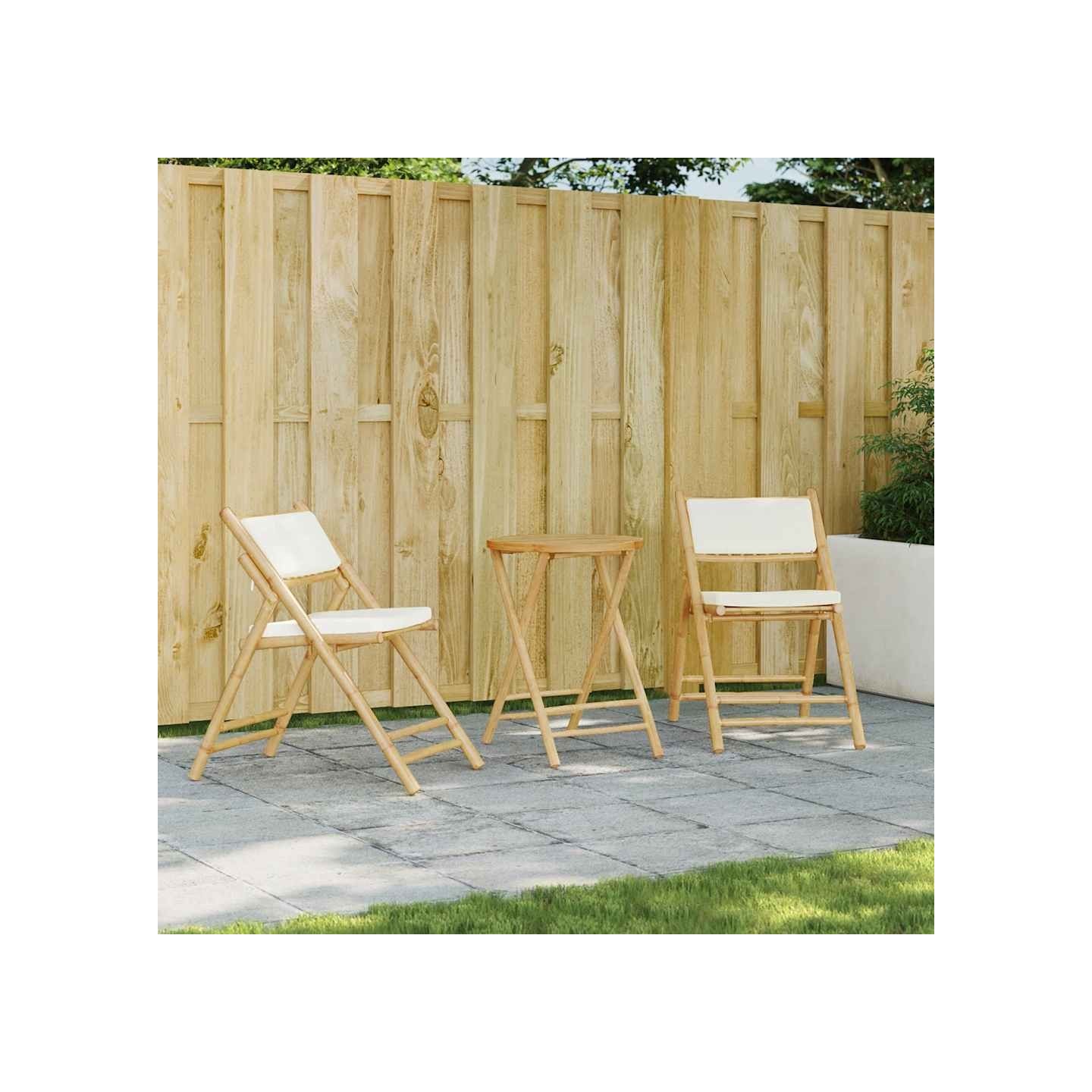 Ensemble de bistro pliante 3 pcs et coussins blanc crème bambou