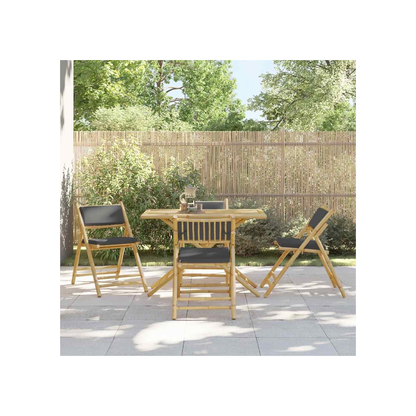 Ensemble de bistro pliante 5 pcs et coussins gris foncé bambou