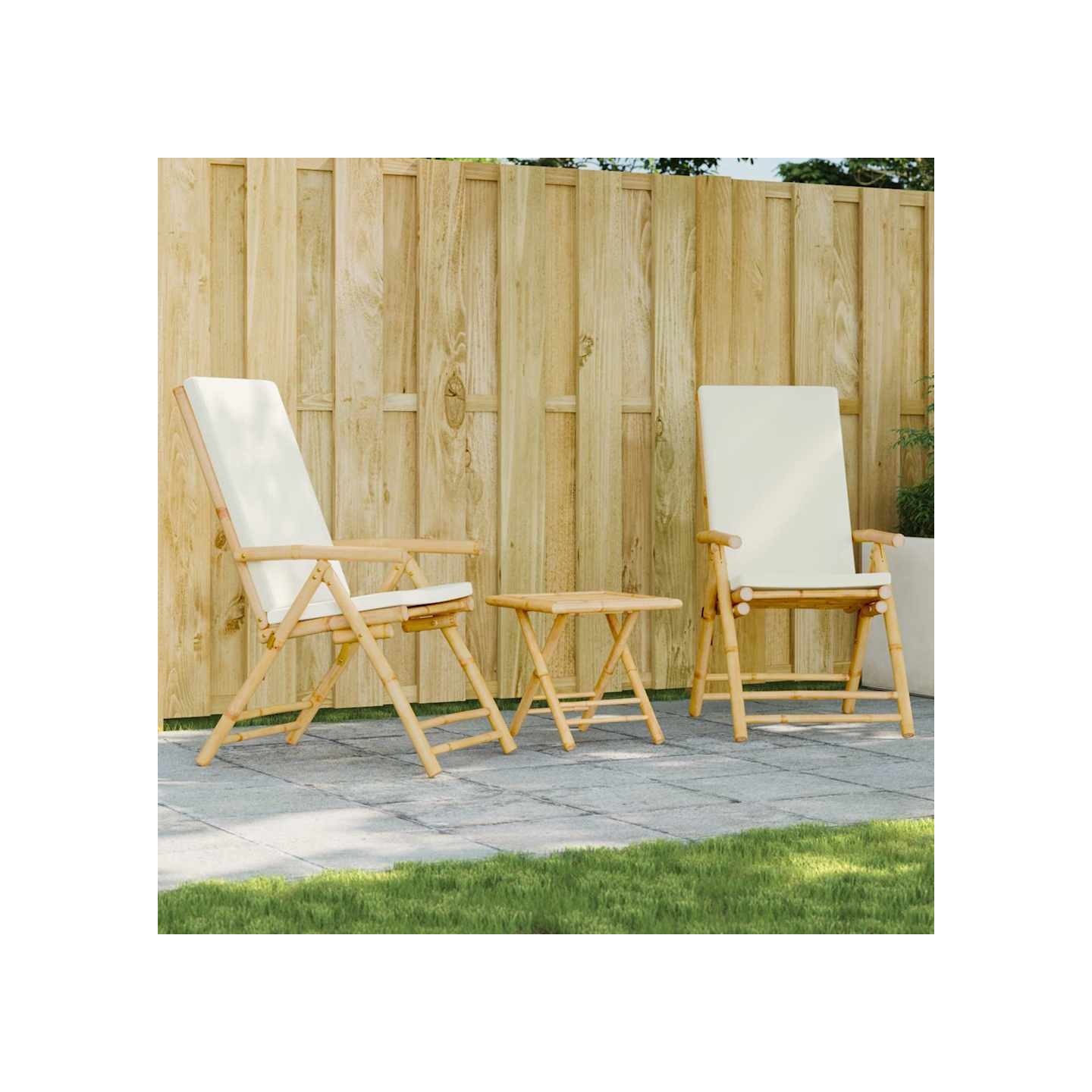 Ensemble de bistro pliante 3 pcs et coussins blanc crème bambou