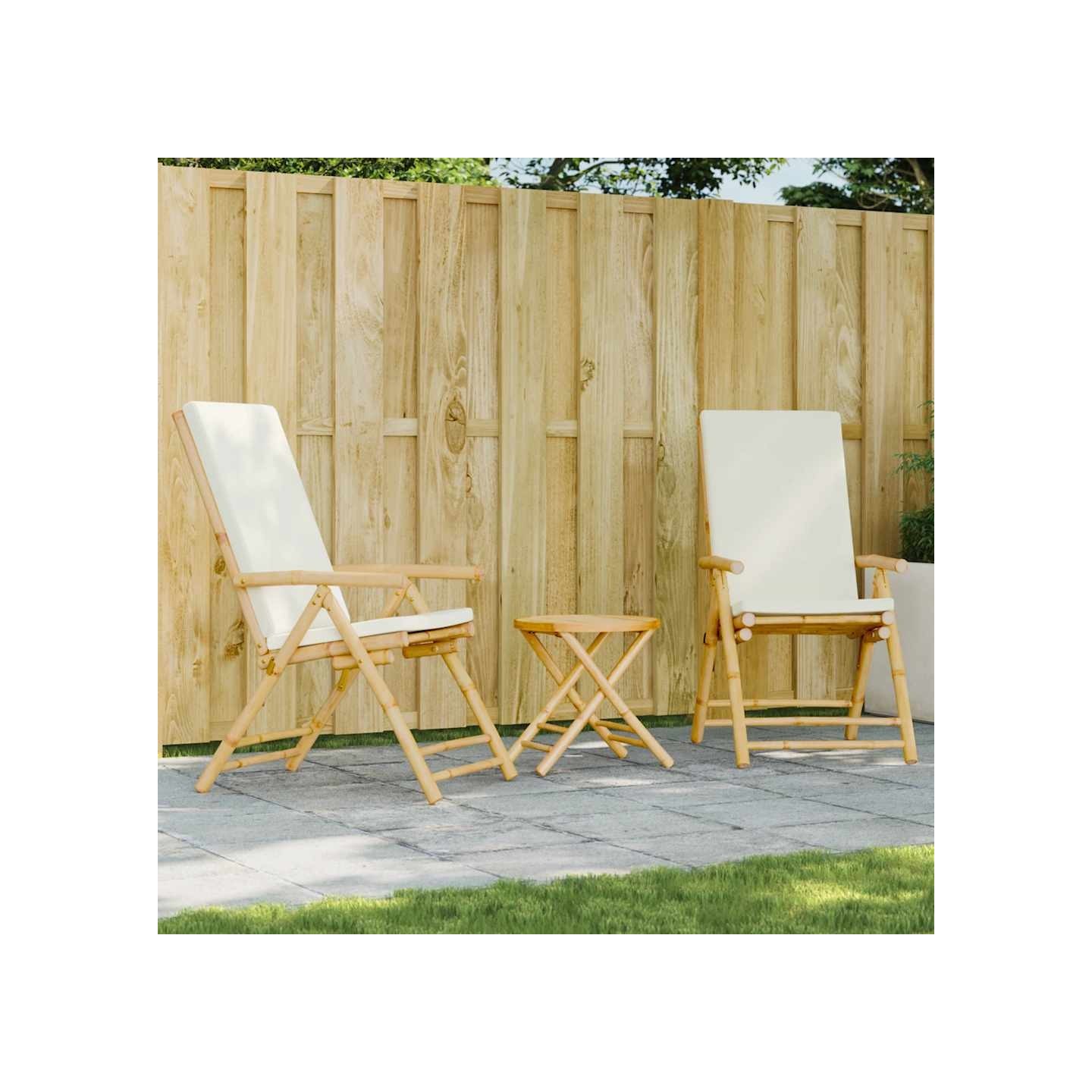 Ensemble de bistro pliante 3 pcs et coussins blanc crème bambou